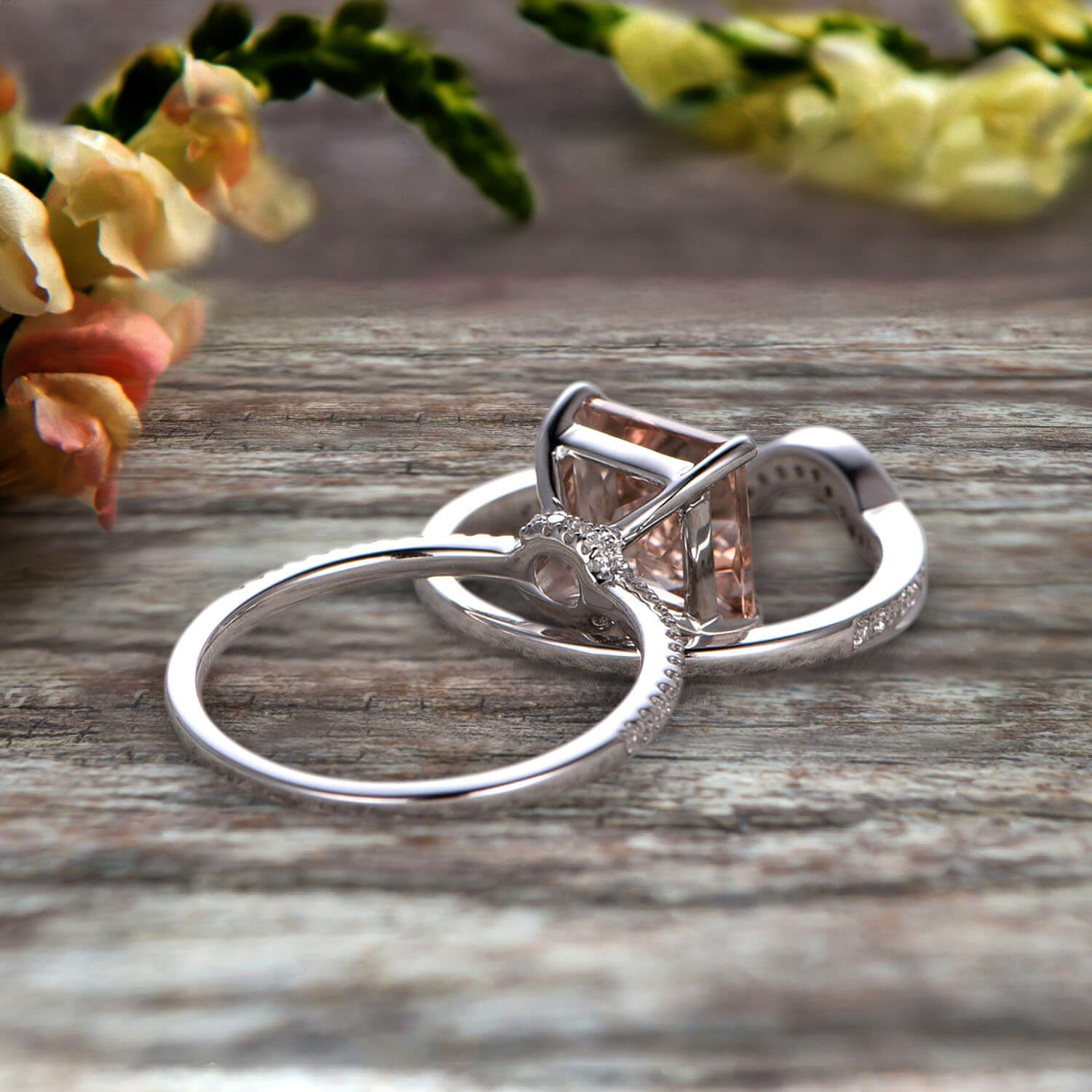 1.50 Carat Princess Cut Morganite Engagement Ring & Wedding Band Set in 10K White Gold - Art Deco Style Bridal Jewelry for Women, Perfect for Proposals, Anniversaries & Special Occasions
