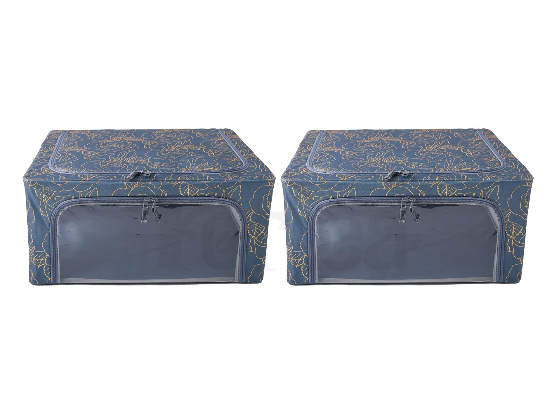 Oxford Cloth Steel Frame Under Bed Storage Boxes - Pack of 2 Medium Closet Organizers (Metallic Floral) - Perfect for Bedroom, Dorm, or Small Space Organization