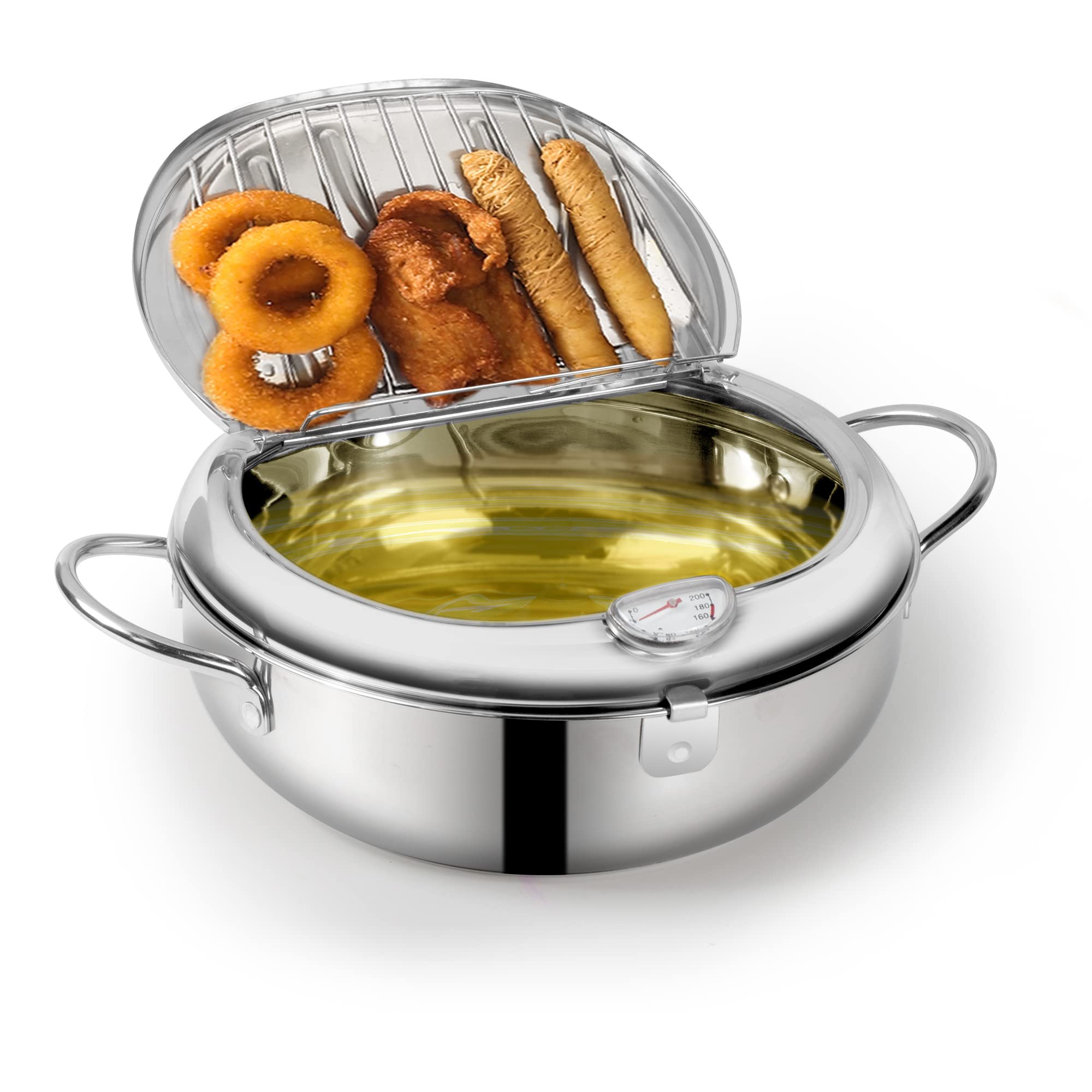 Japanese Style Tempura Deep Fryer Pot with Thermometer, Lid & Oil Drip Rack - 7.9 Inch 2.2L 304 Stainless Steel for French Fries, Fish, Shrimp, Chicken - Perfect for Home Kitchen, Restaurants & Party Cooking