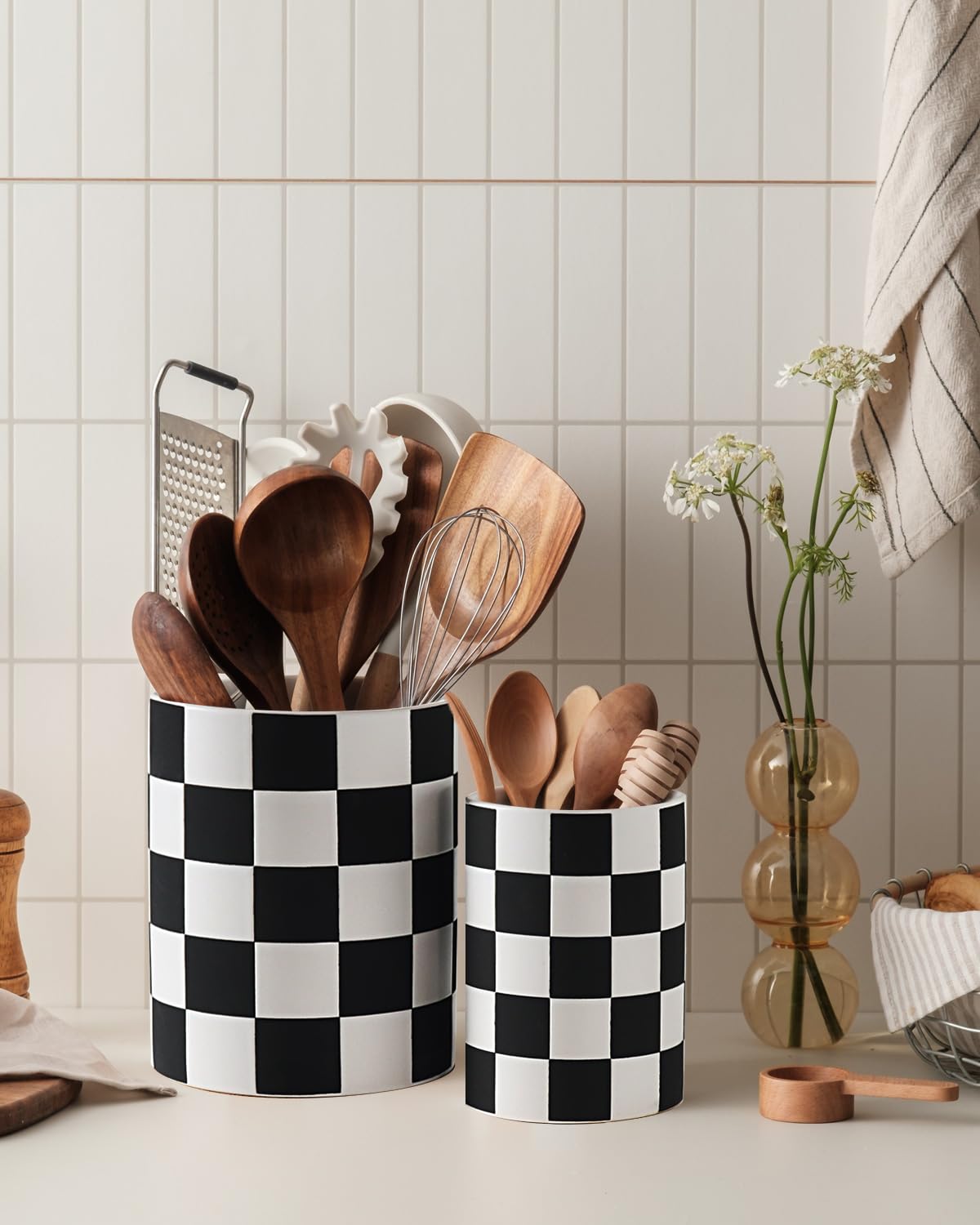 Black Checkered Ceramic Utensil Holder - 7.1