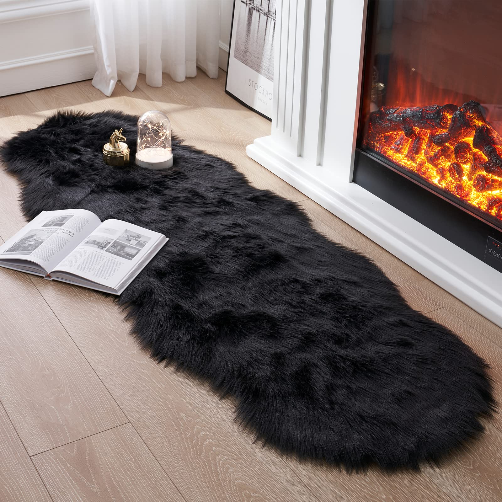 Soft Faux Fur Rug 2x6ft - Fluffy Shaggy Area Rug for Bedroom, Nursery, Living Room | Plush Sheepskin Runner for Sofa, Couch & Floor Decor | Black Fuzzy Carpet for Cozy Home & Bedside (Perfect for Winter Warmth & Pet-Friendly Spaces)