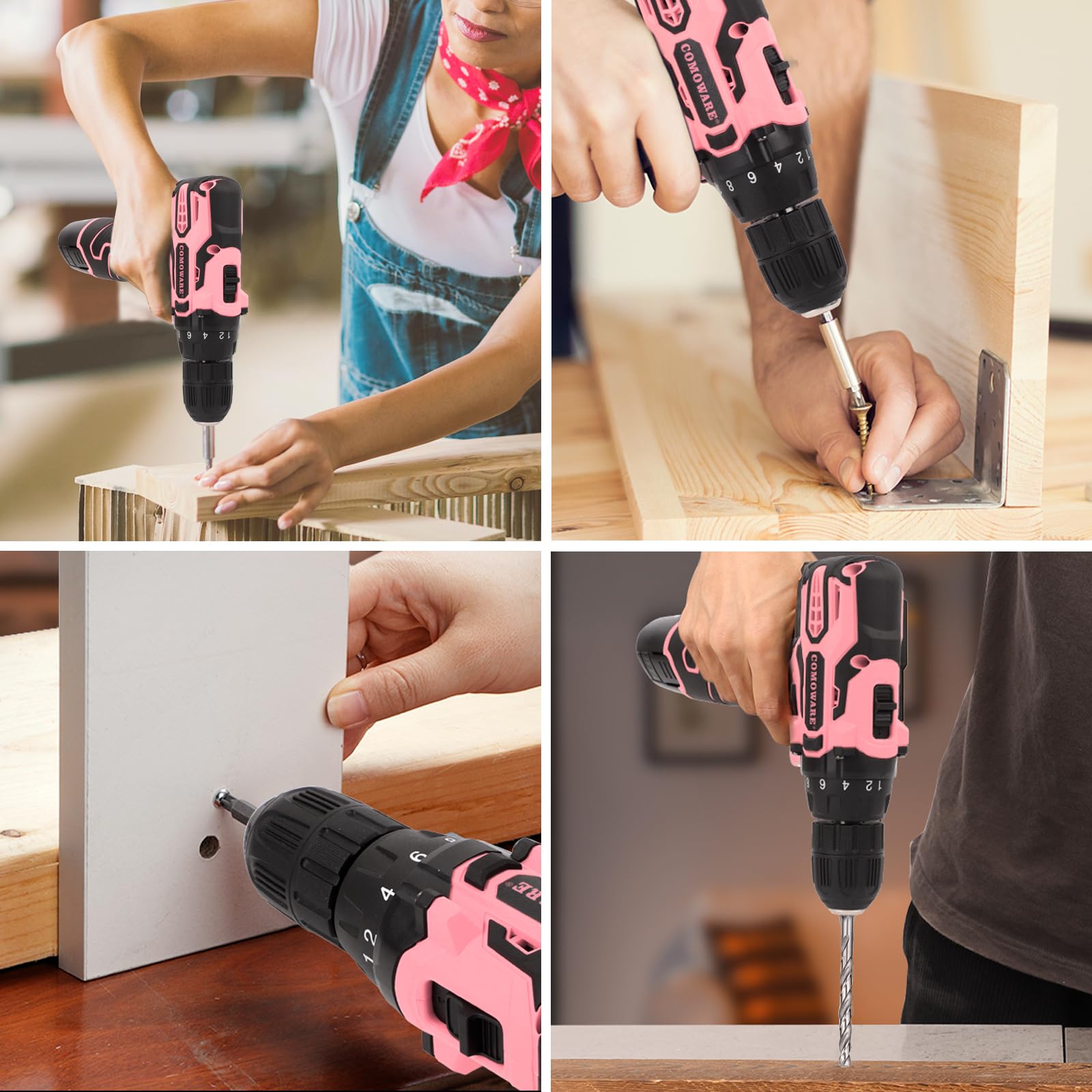 COMOWARE 195PCS Pink Home Tool Kit with 12V Cordless Power Drill - Household Repair Tool Set with Storage Case - Perfect for Women DIY Projects, Home Maintenance & Small Fixes