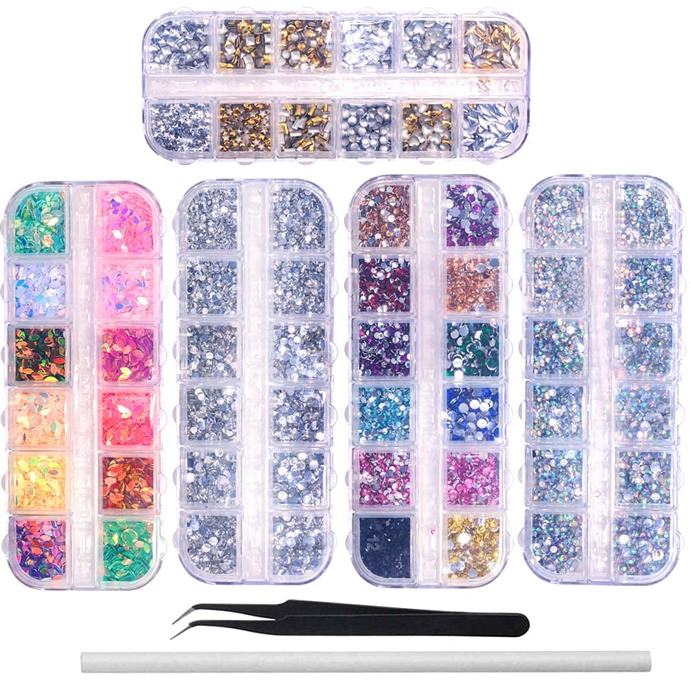 6400pcs Rhinestones & Crystal Gems Kit - Gold Silver Studs, Colorful Sequins for Nail Art, DIY Jewelry Making - Includes Tweezers & Wax Pen - Perfect for Nail Decorations, Craft Projects & Fashion Accessories