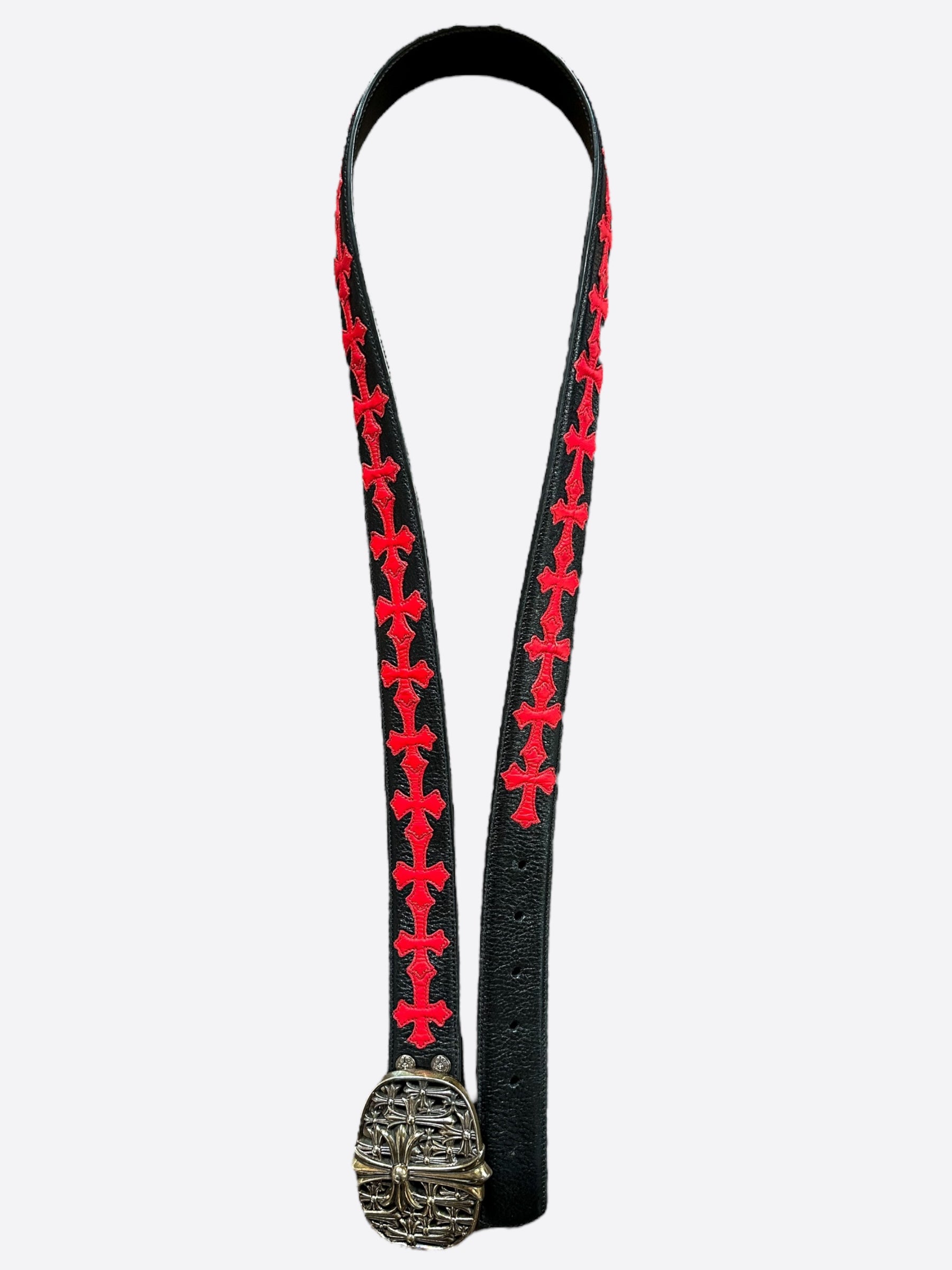 Chrome Hearts Black & Red Cross Patch Cemetery Belt - Gothic Punk Fashion Accessory for Men & Women | Perfect for Concerts, Parties, and Streetwear Outfits