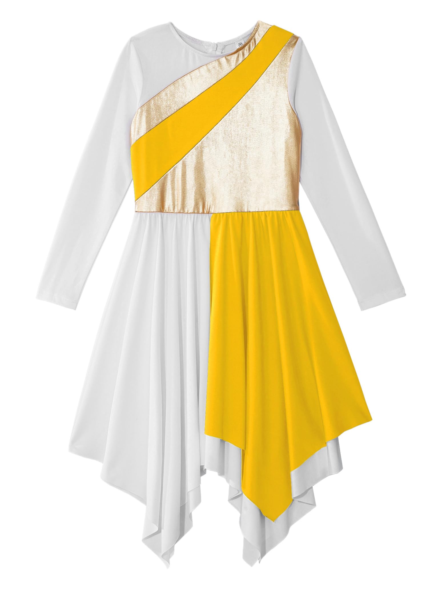 Metallic Liturgical Worship Dance Dress for Girls - Long Sleeve Asymmetrical Church Robe Tunic - Perfect for Praise Dance, Sunday Worship & Special Church Events