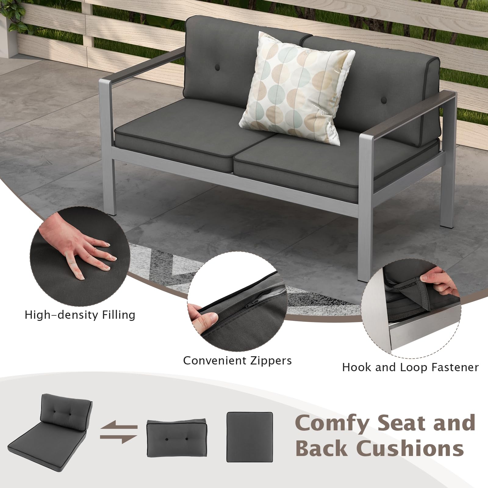 Tangkula Patio Aluminum Loveseat Sofa - Modern 2-Person Outdoor Wicker Chair with WPC Armrests & Comfortable Cushions, Contemporary Balcony Furniture for Backyard, Garden, Deck, Porch (Gray) - Perfect for Relaxing, Entertaining Guests, and Outdoor Lounging