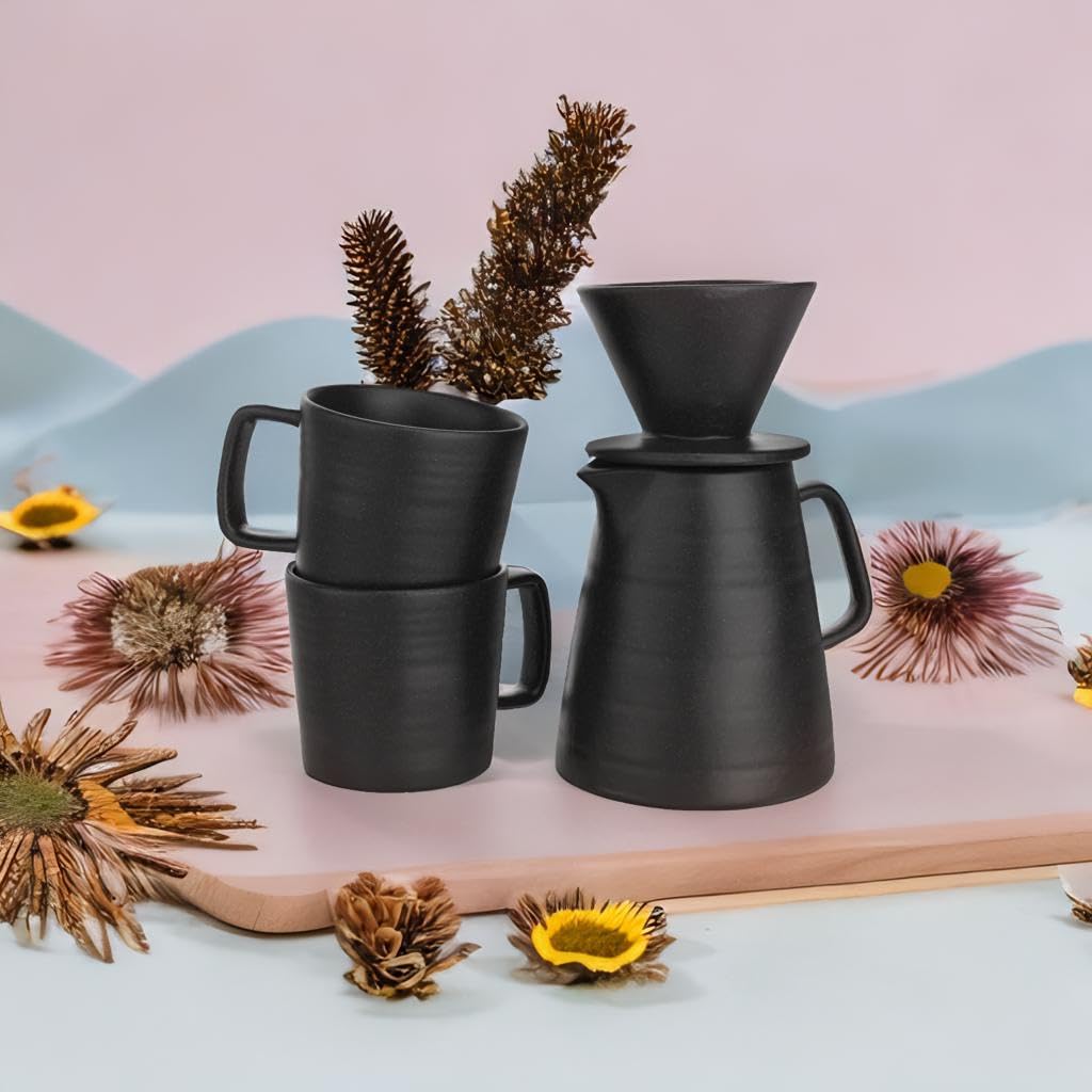 Premium Pour Over Coffee Maker Set with 2 Glass Mugs - Manual Non-Electric Drip Coffee Brewer - Dishwasher & Microwave Safe - Perfect for Home, Office & Camping (Black)