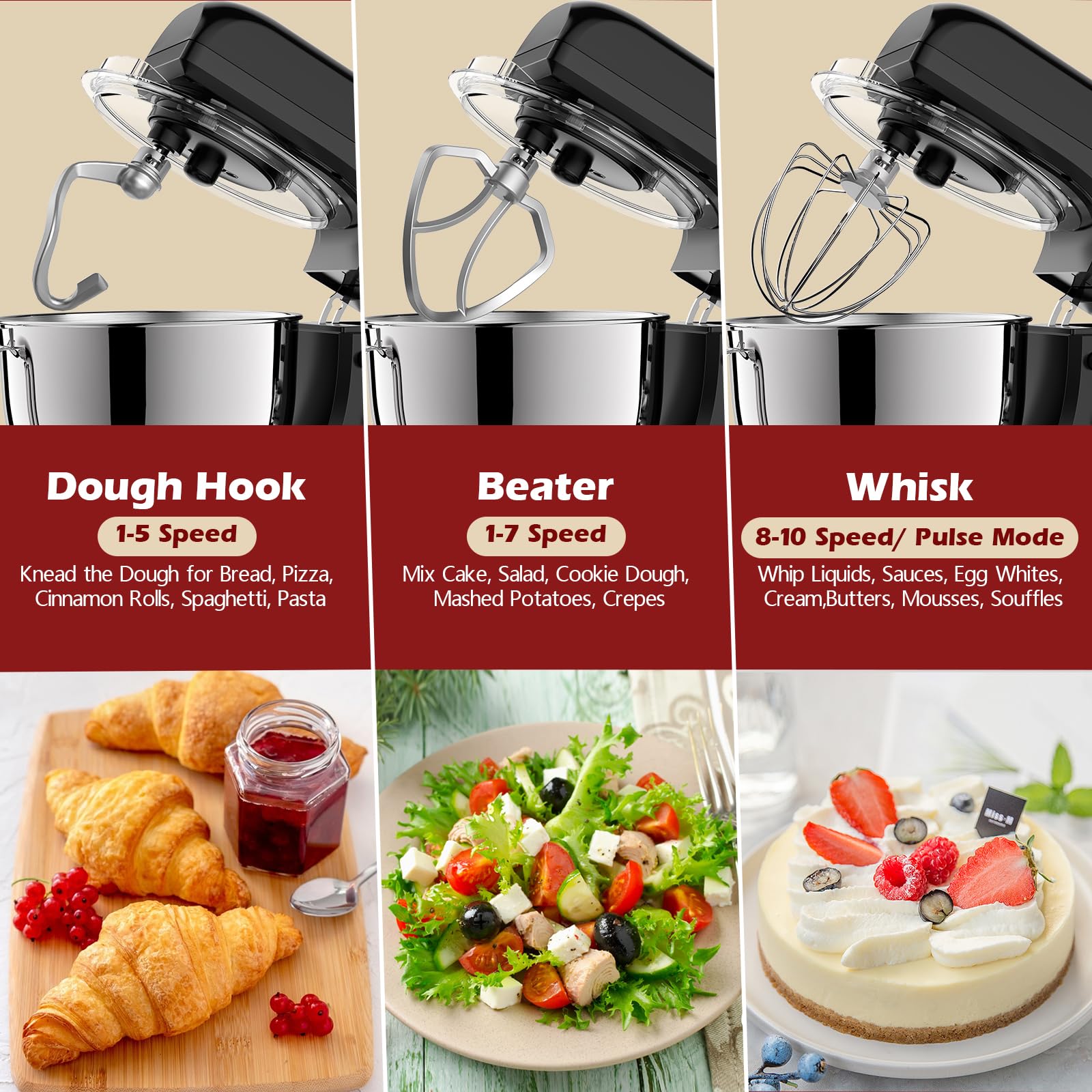 Facelle 5.5Qt Stand Mixer - 10+ Speed Tilt-Head Electric Kitchen Mixer with Stainless Steel Bowl, Dough Hook, Whisk & Beater - Perfect for Baking Cakes, Cookies, Bread & More | Ideal for Home Bakers & Professional Kitchens