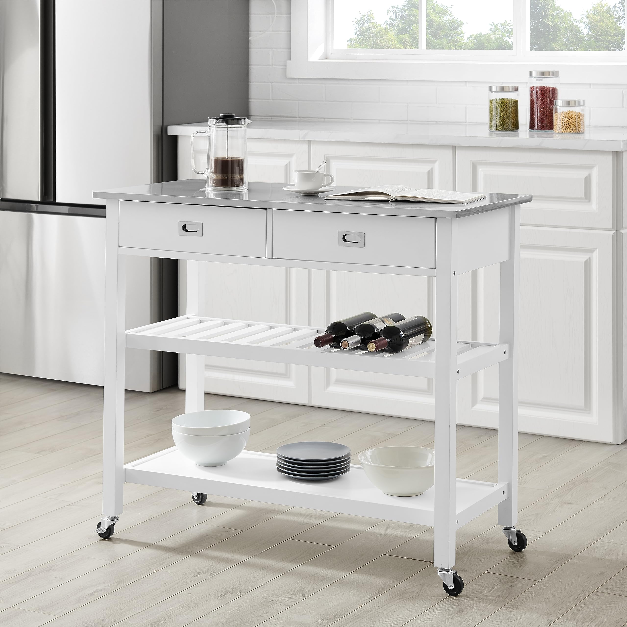 Crosley Chloe Stainless Steel Top Rolling Kitchen Island Cart with Storage - White | Microwave Stand, Wine Rack & Mobile Workstation for Small Kitchens, Apartments & Dining Areas
