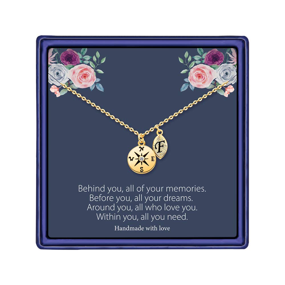 MONOOC Personalized Compass Necklace with Leaf Initial - Class of 2024 Graduation Gift for Her, High School & College Graduate Jewelry - Perfect for Commencement Ceremonies & Graduation Parties