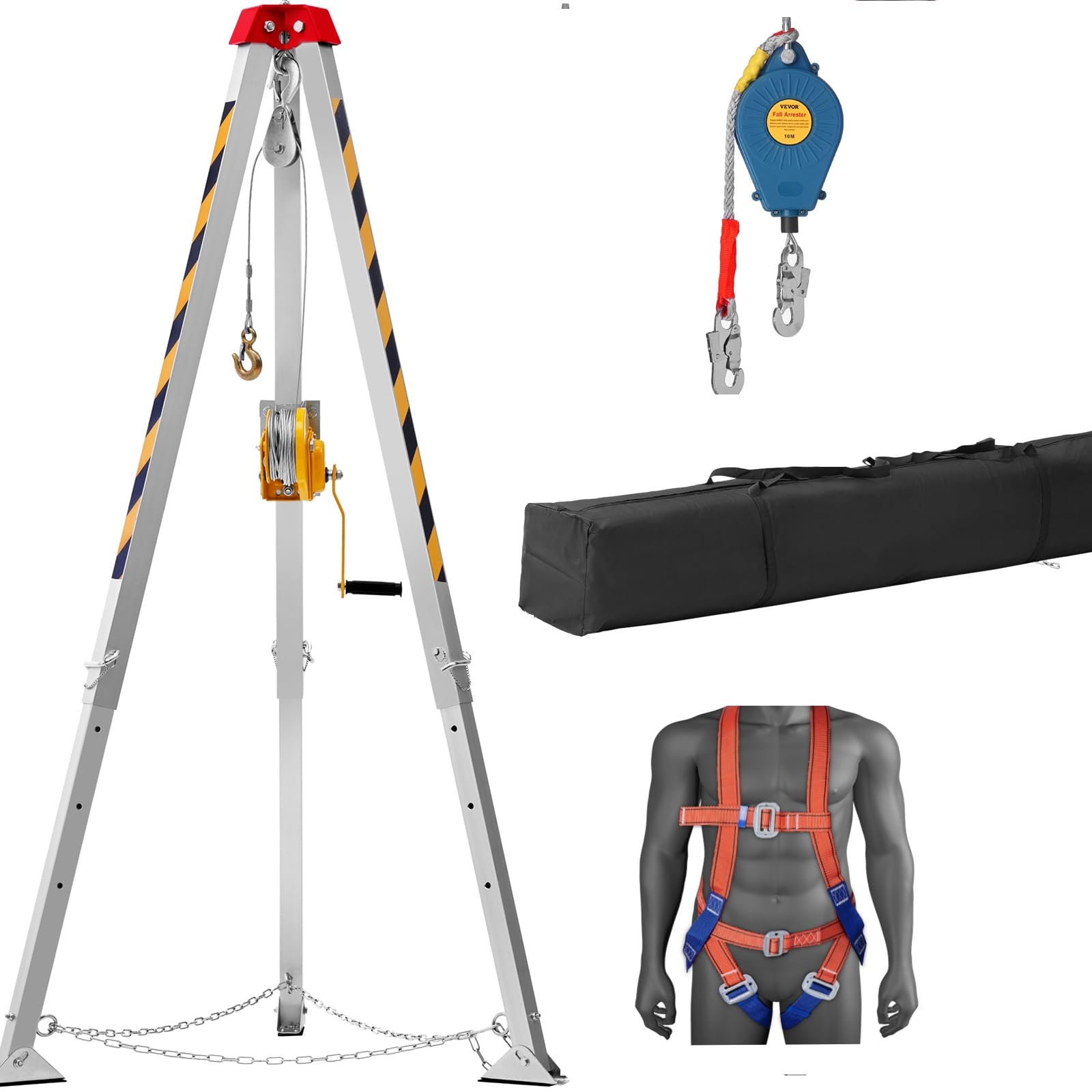 VEVOR Confined Space Tripod Kit with 1200 lbs Winch, 7' Legs & 98' Cable - OSHA Compliant Rescue Tripod System for Fall Protection, Includes Safety Harness & Storage Bag - Ideal for Industrial Maintenance, Construction Sites & Emergency Rescue Operations