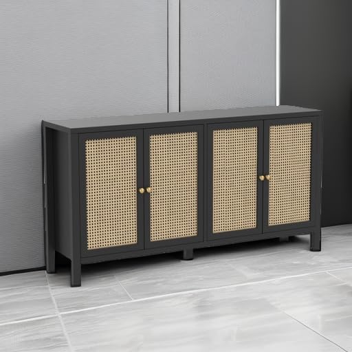 QHITTY 4-Door Rattan Sideboard Buffet Cabinet with Adjustable Shelves - Storage Console Table for Kitchen, Dining Room, Living Room & Hallway - Perfect for Organizing Dishes, Linens & Home Decor (Black)