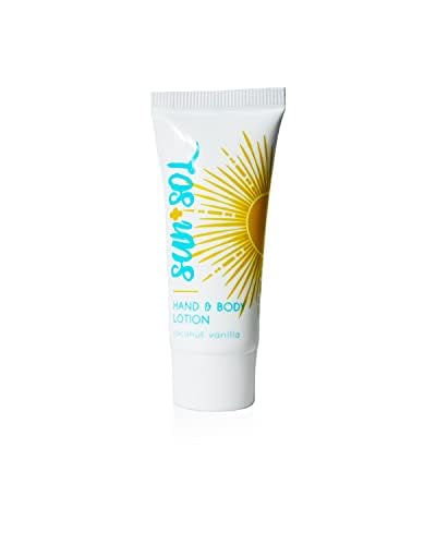 Sun + Sol Luxurious Hand & Body Lotion - Warm Coconut & Vanilla Scented Moisturizer | Travel Size Toiletries & Mini Hotel Amenities | Perfect for Vacation, Gifts & On-the-Go Hydration