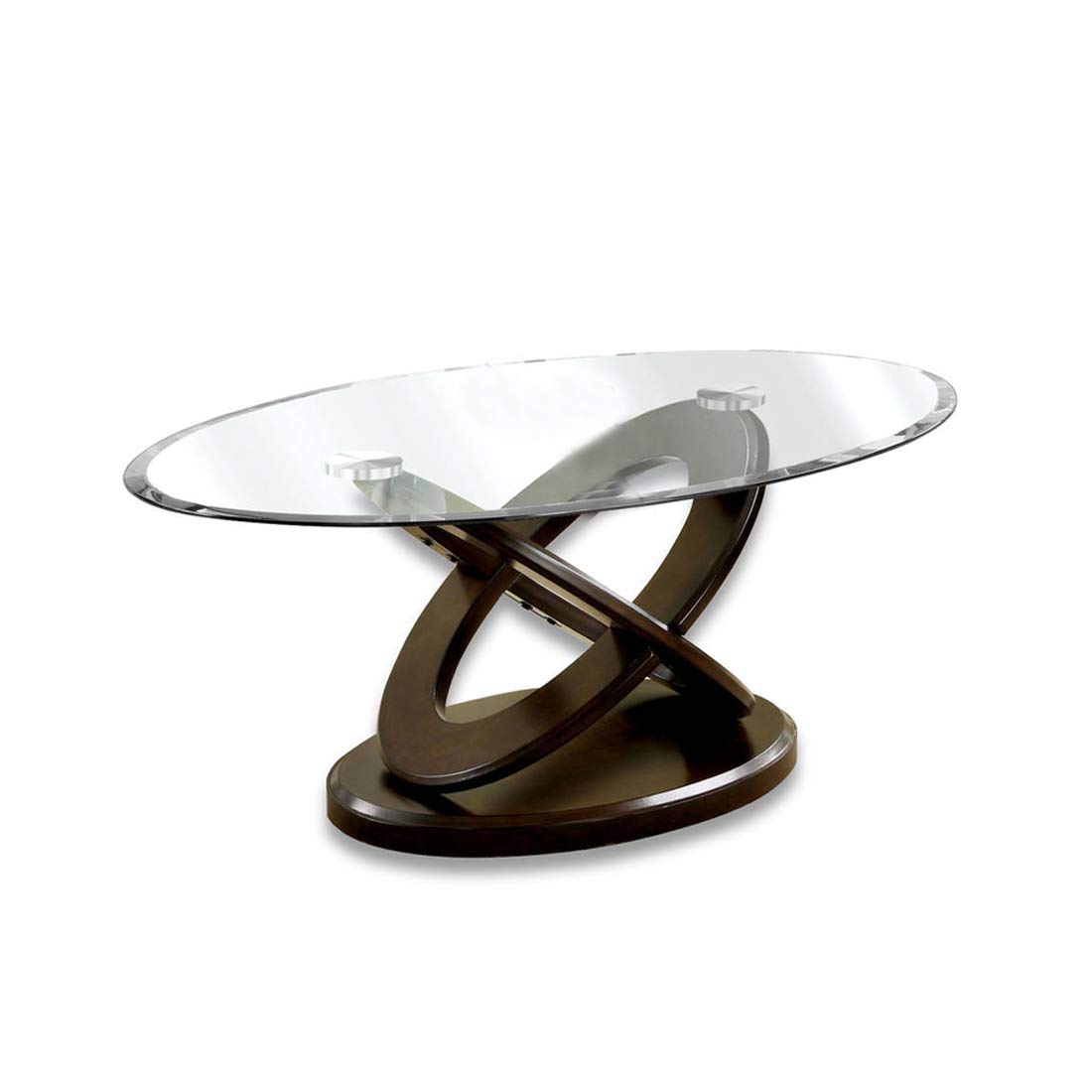 Benjara Modern Glass Top Coffee Table with Cross Oval Base - Brown & Clear Tempered Glass - Perfect for Living Room, Lounge, or Office Decor