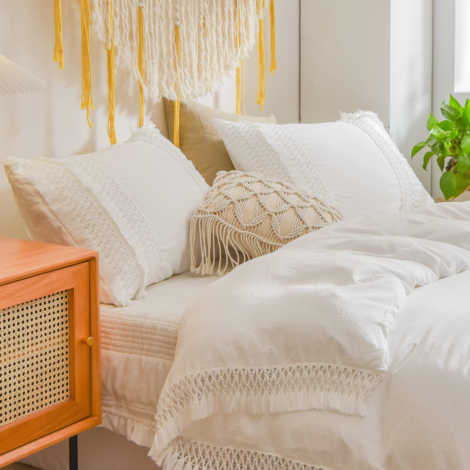 Premium King Size Pillow Cases Set of 2 - Soft Washed Microfiber Pillow Covers with Tassel Trim & Envelope Closure - White Boho Farmhouse Bedding for Master Bedroom, Guest Room & Home Decor