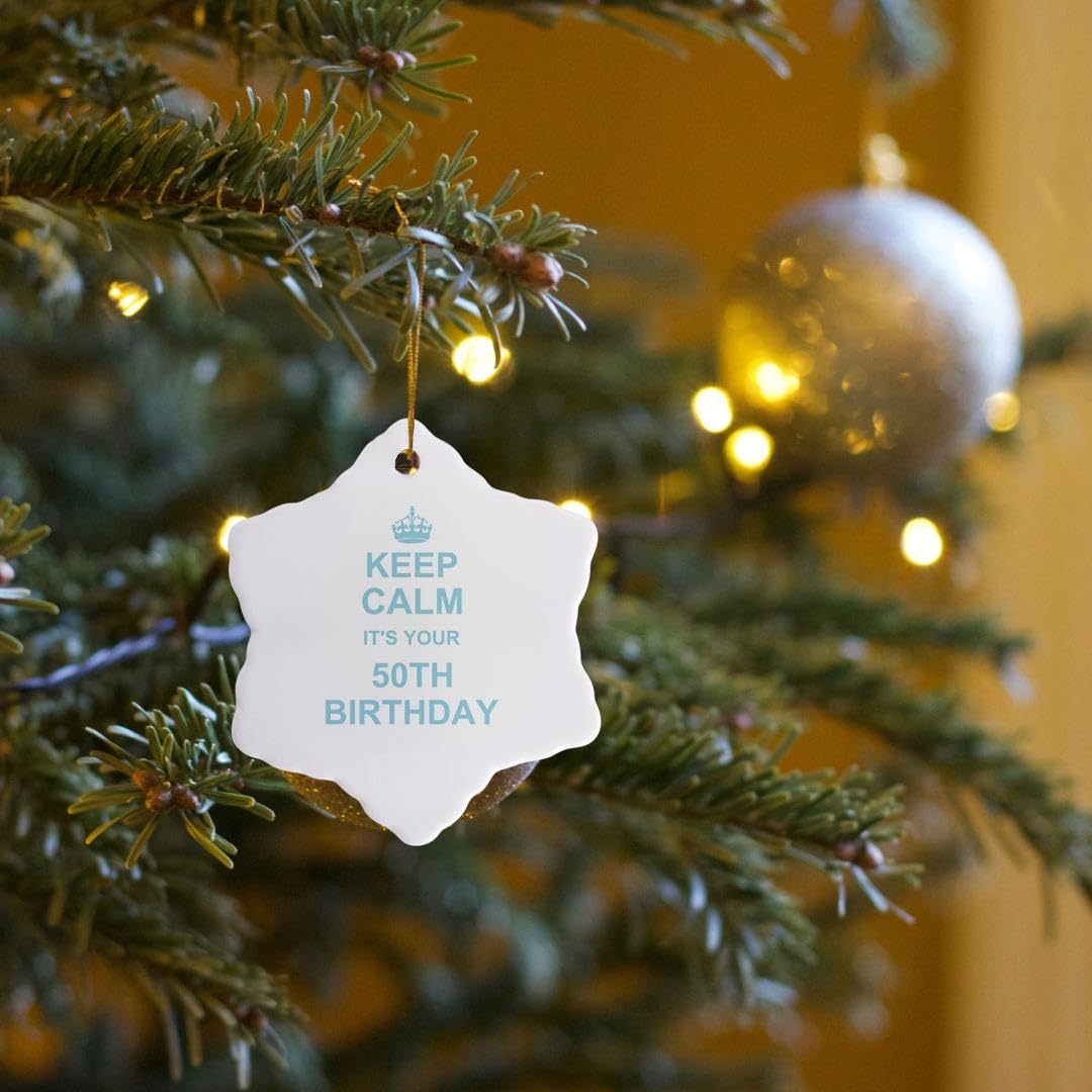 3dRose Keep Calm It's Your 50th Birthday Blue Snowflake Porcelain Ornament - 3 Inch Christmas Tree Decoration for Holiday Party & Winter Home Decor