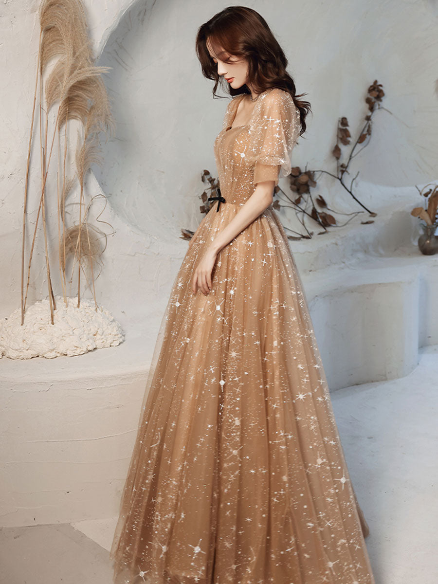 Elegant Champagne Sweetheart Tulle Lace Long Prom Dress - Formal Evening Gown for Homecoming, Wedding, Quinceañera & Special Occasions