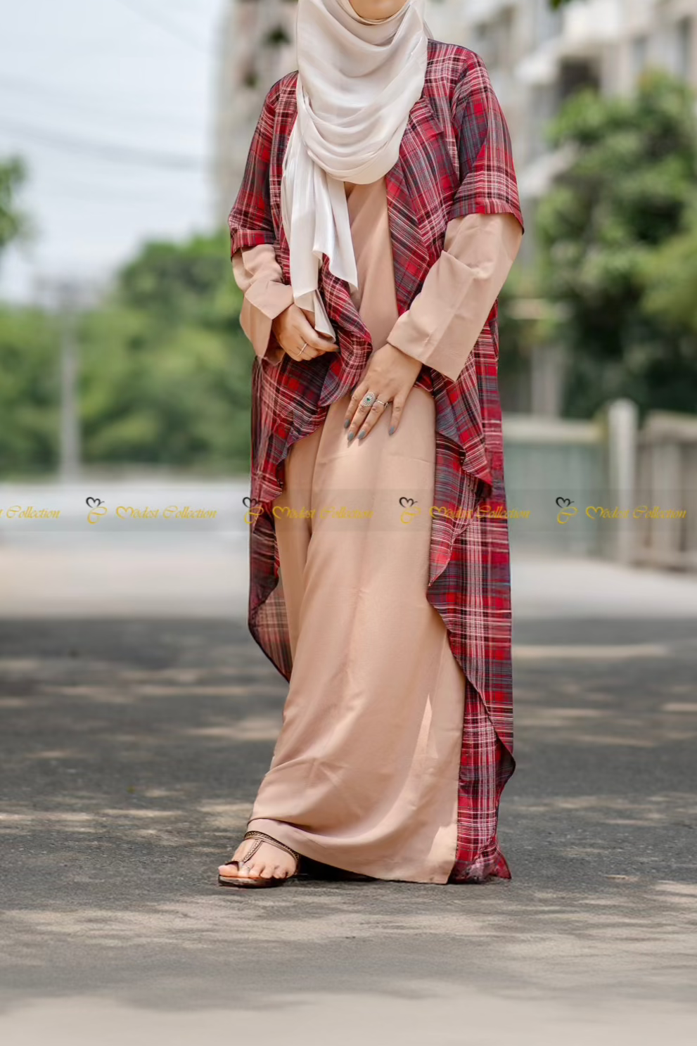 Elegant Checkered Red Waterfall Shrug Abaya - Modest Muslim Prayer Dress for Women - Perfect for Eid, Ramadan & Special Occasions