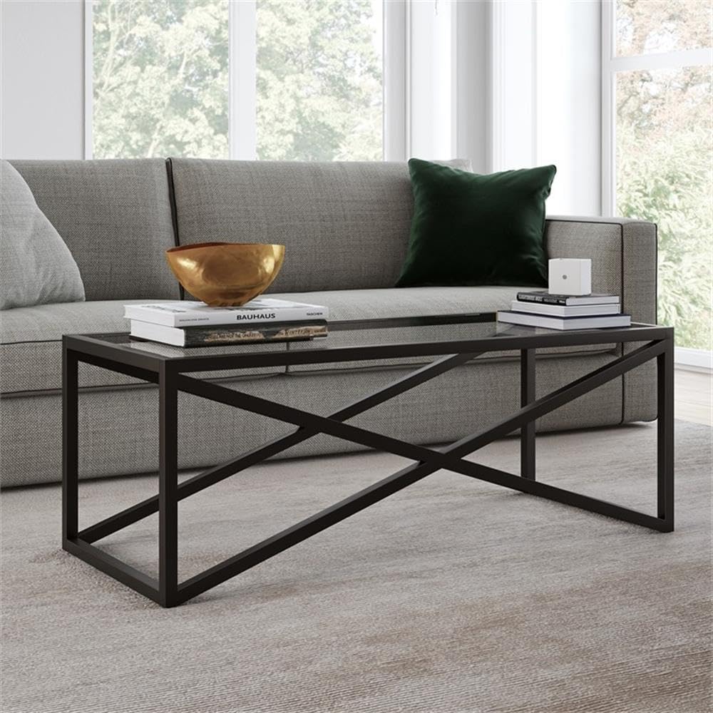Pemberly Row Modern Black & Bronze Rectangular Coffee Table with Tempered Glass Top - Perfect for Living Room, Lounge & Office Decor