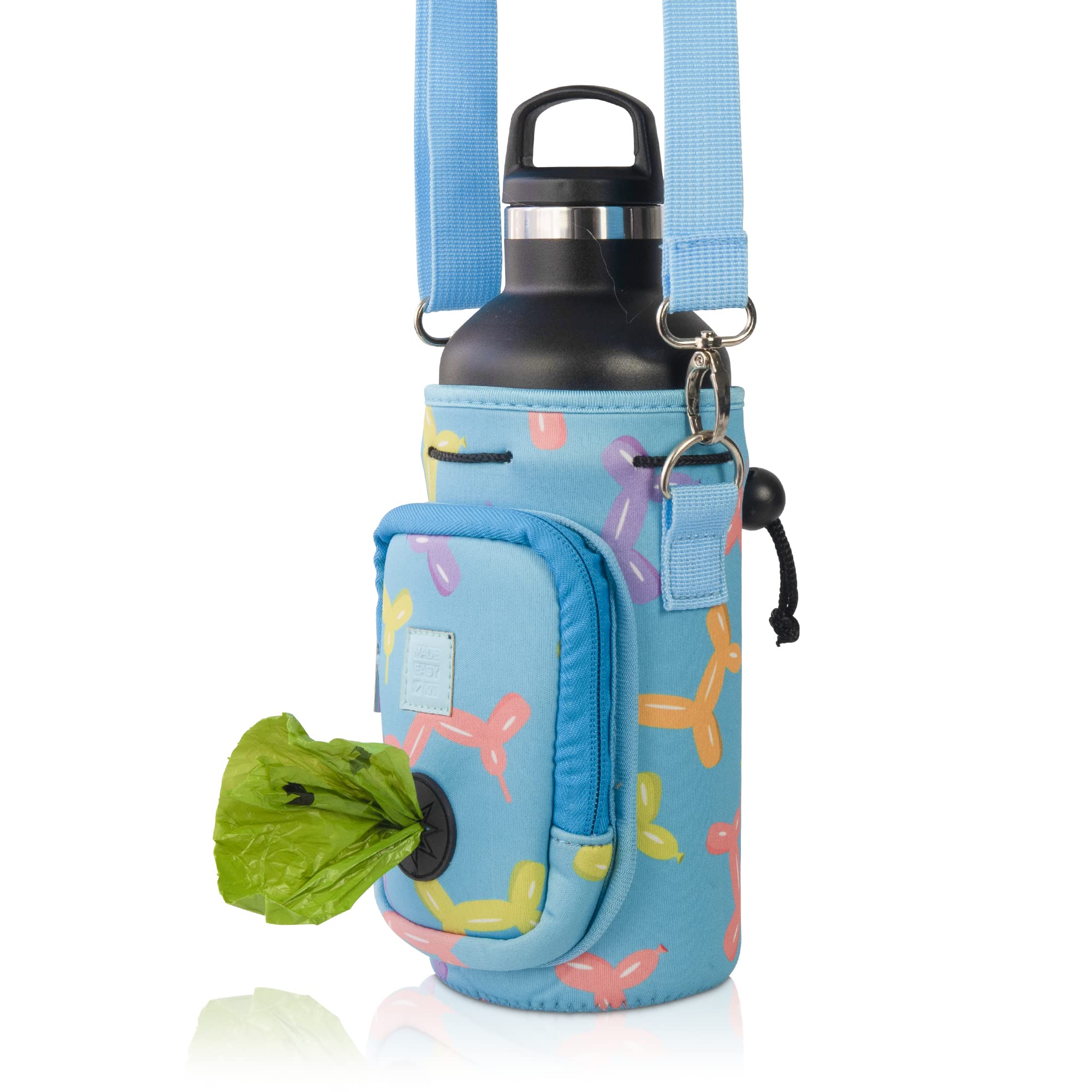Portable Water Bottle Holder for Dogs with Adjustable Padded Strap & Waste Bag Pocket - 32oz Large Capacity, Includes Collapsible Bowl (Blue Balloon Dog Design) - Perfect for Hiking, Walking, and Outdoor Adventures with Your Pet