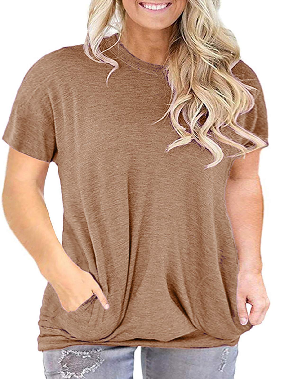 LANREMON Women's Plus Size Casual Short Sleeve Tunic Top with Pockets - Comfortable Round Neck Shirt for Work, Travel & Everyday Wear