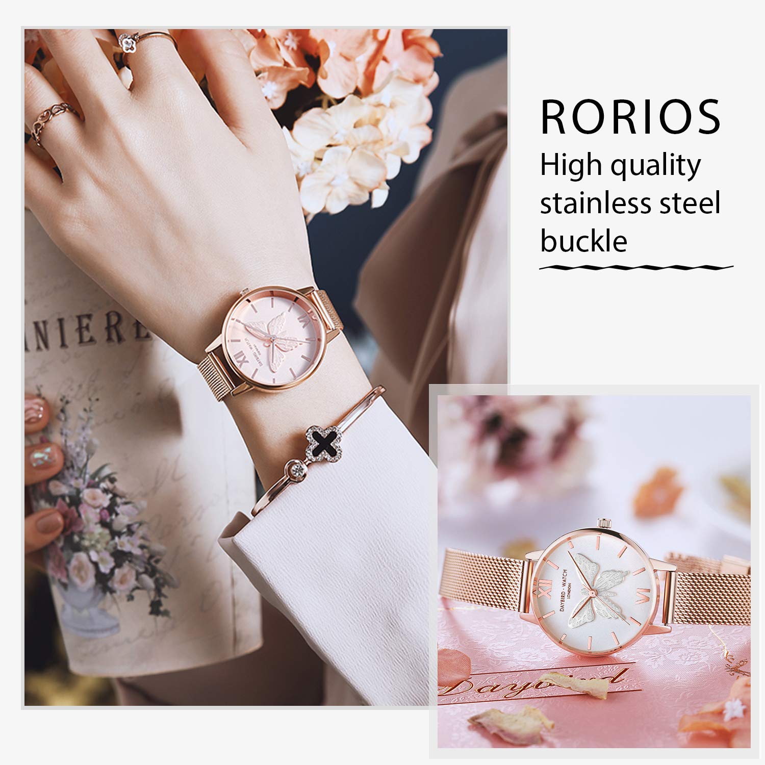 RORIOS Women's Stainless Steel Mesh Strap Watch with Butterfly Dial - Elegant Analog Quartz Wristwatch for Ladies | Perfect for Office, Party & Everyday Wear