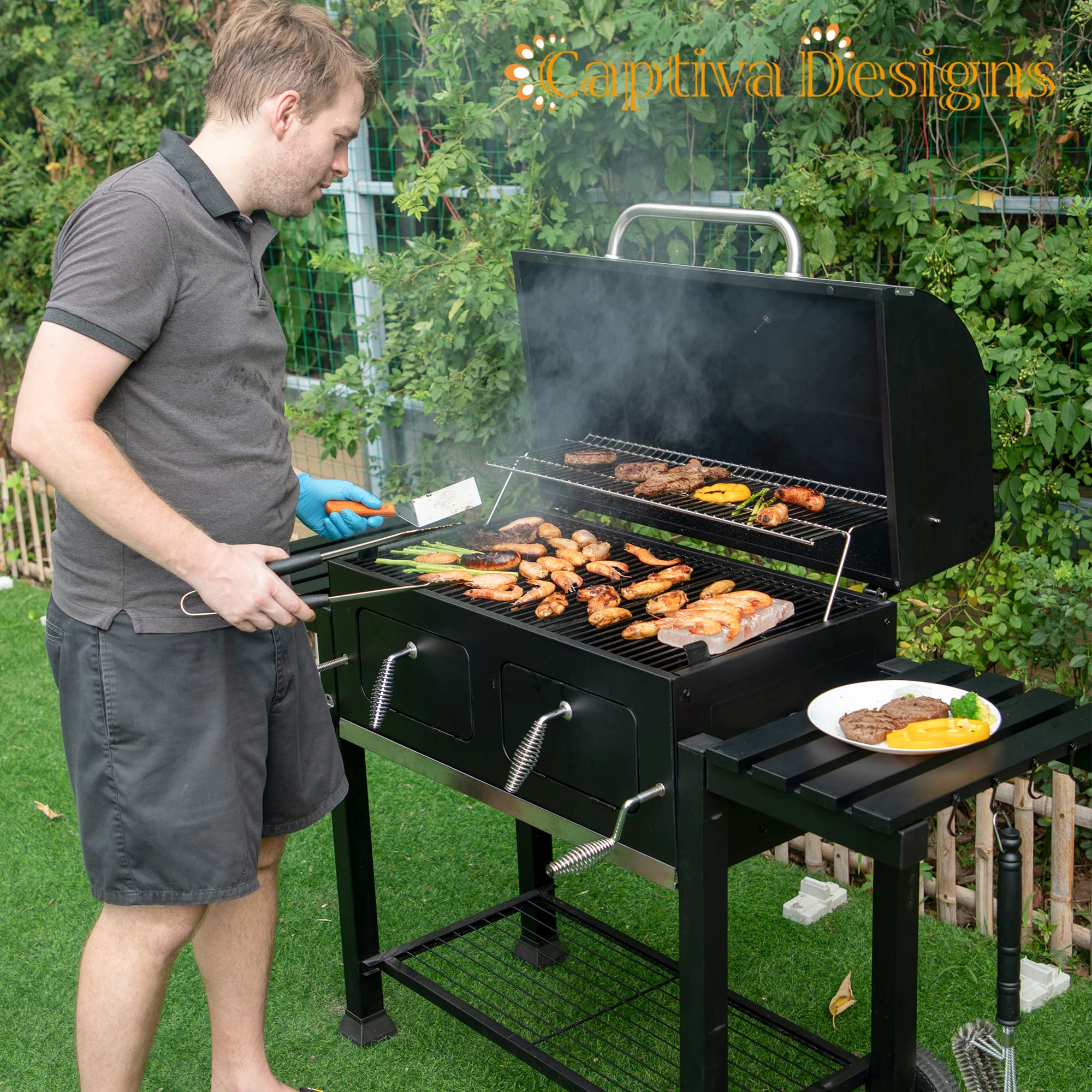**Captiva Designs Extra Large Charcoal BBQ Grill – 794 SQIN Oversized Cooking Area, 2 Liftable Charcoal Trays & Foldable Side Tables – Perfect for Backyard BBQs, Camping & Outdoor Parties**