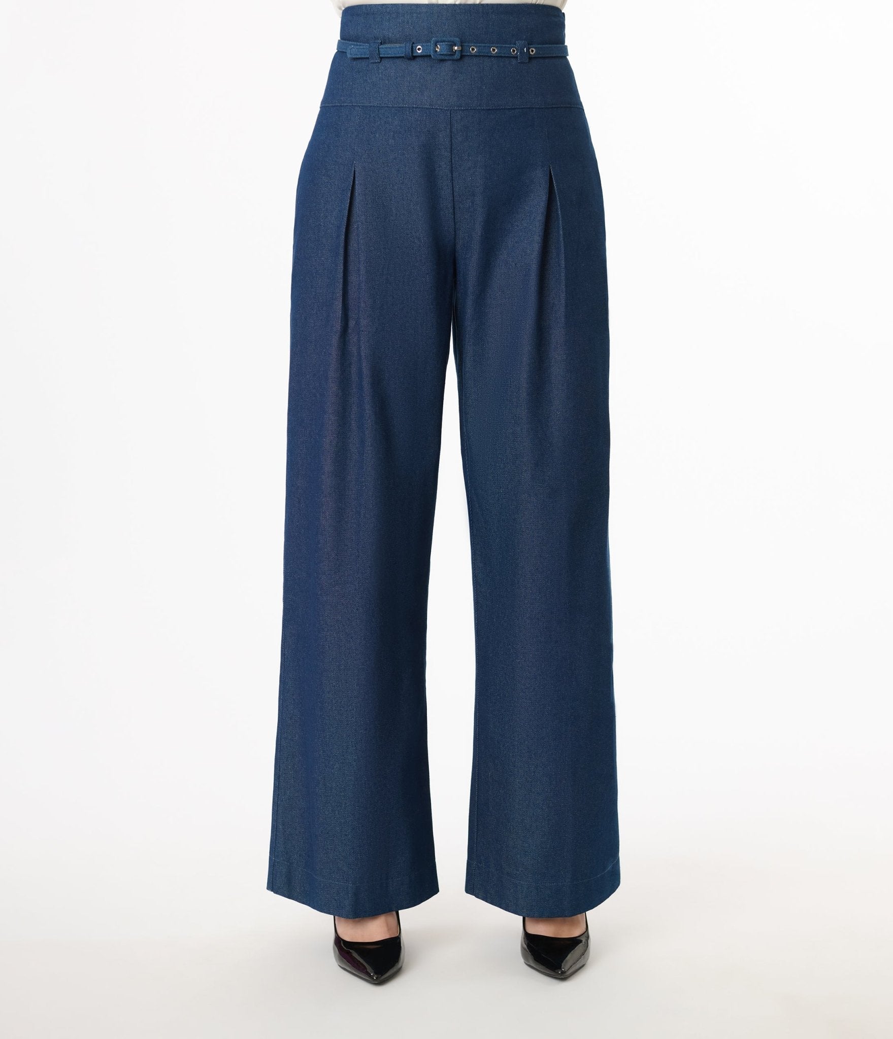 Vintage Denim Wide Leg Pleated Pants for Women - Retro High Waisted Flared Trousers with Pockets | Casual, Office & Party Outfit Ideas