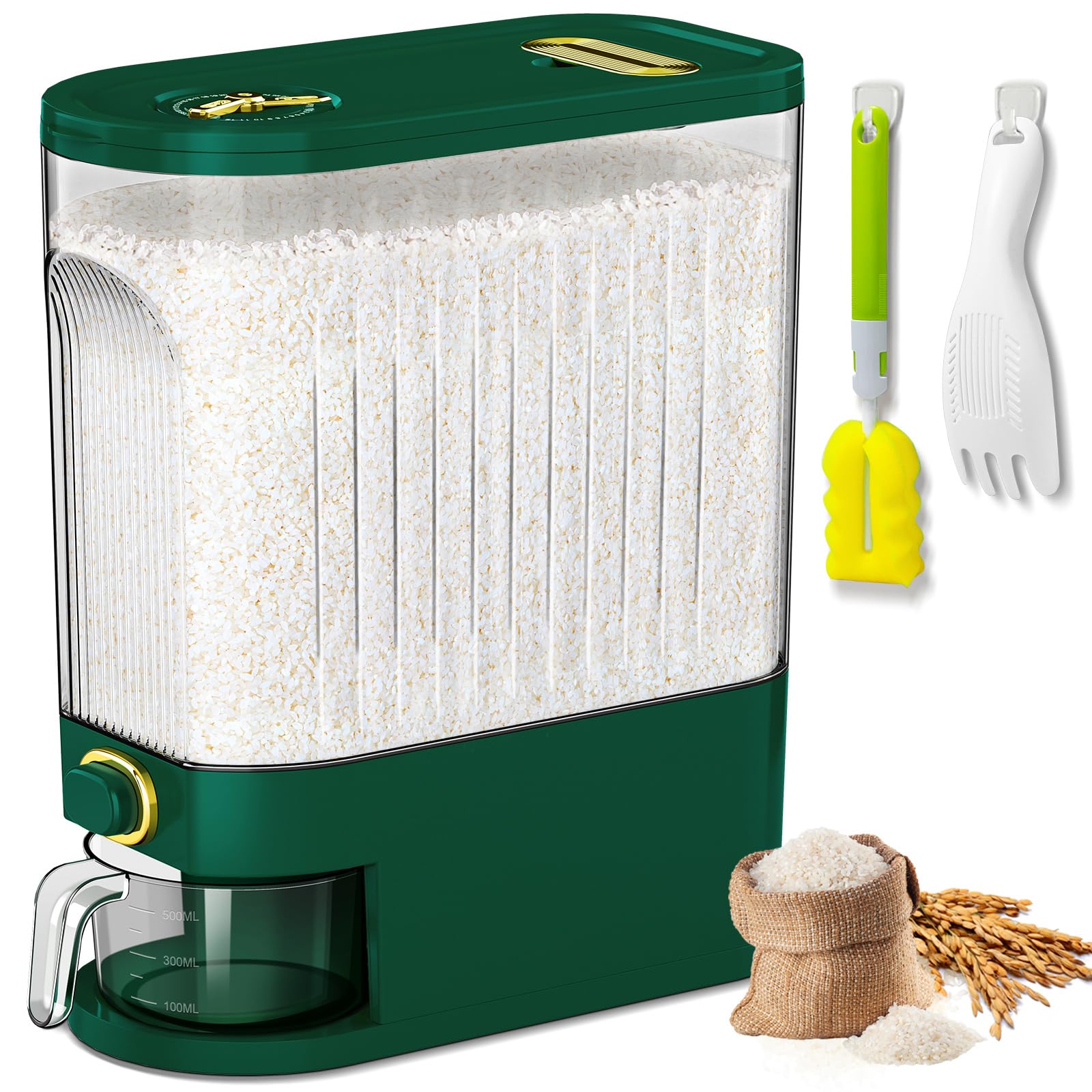 22 Lbs Rice Dispenser - Large Airtight Dry Food Storage Container with Measuring Cup & Time Scale - Perfect for Kitchen Organization, Pantry Storage of Cereal, Grains, Pasta, Pet Food - Ideal for Home, Restaurant & Bulk Food Storage (Green)