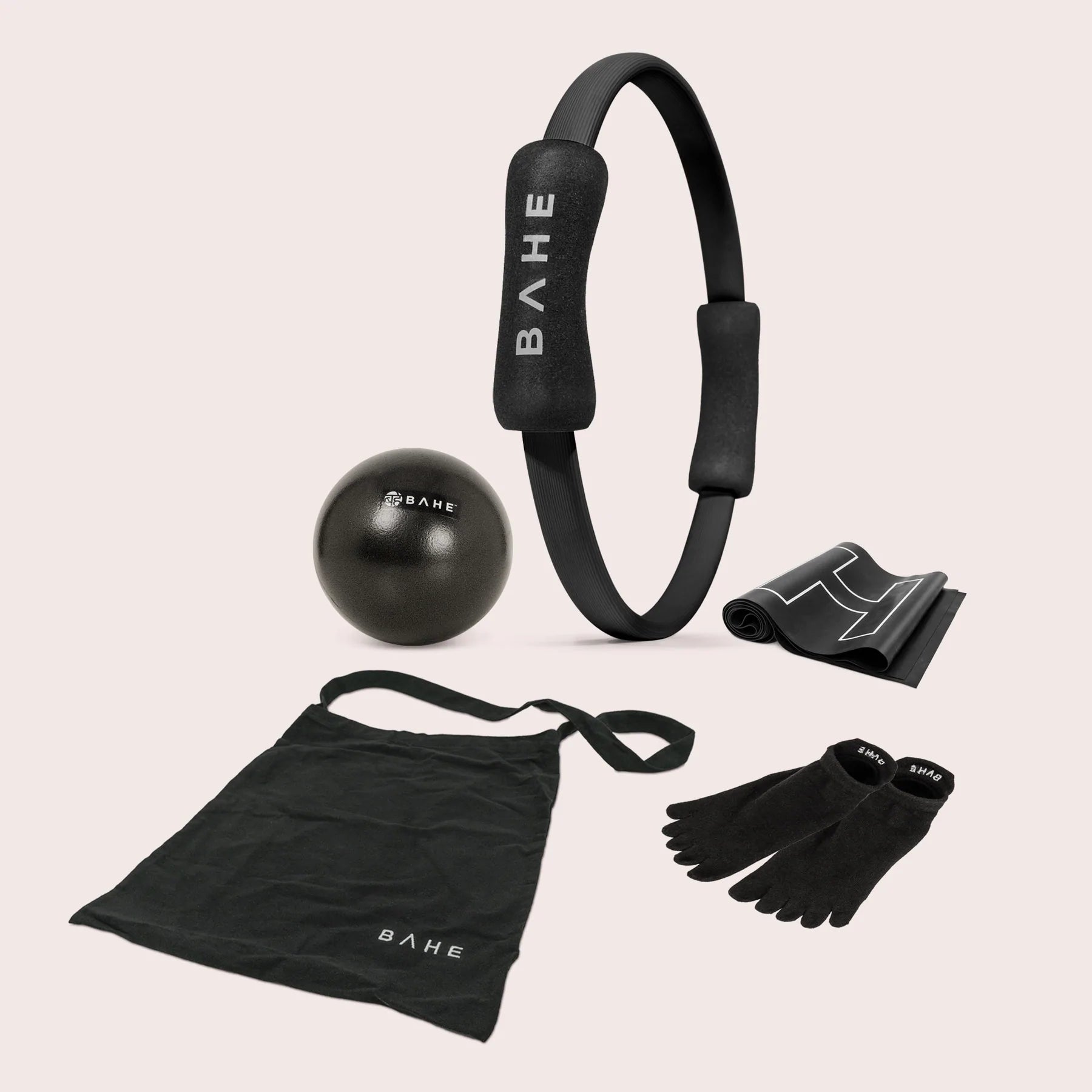 BAHE Pilates Essentials Set - Yoga Ring, Non-Slip Socks, Exercise Ball & Tote Bag (Black/White) for Home Workouts & Studio Fitness Training