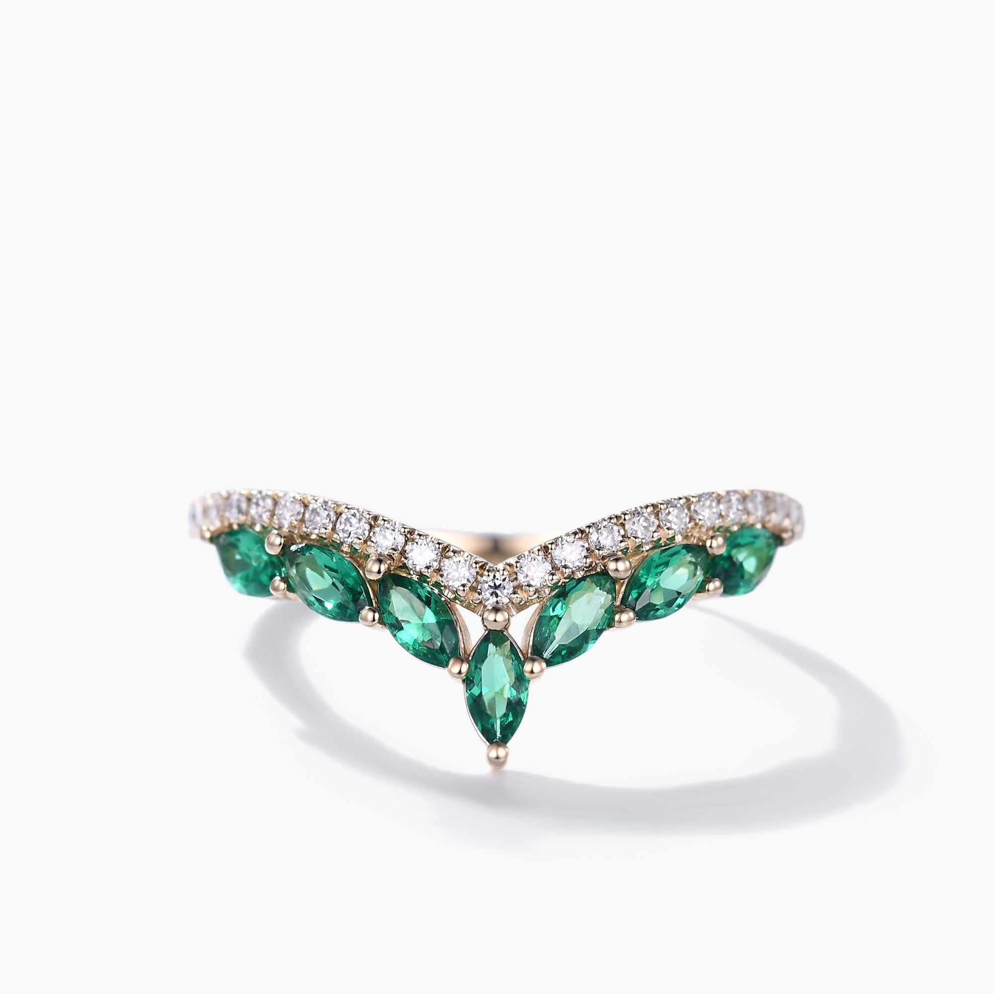 Exquisite Marquise Emerald Curved Wedding Band - 14K Yellow Gold Moissanite Engagement Ring for Women | Perfect for Bridal Jewelry, Anniversary Gifts & Special Occasions