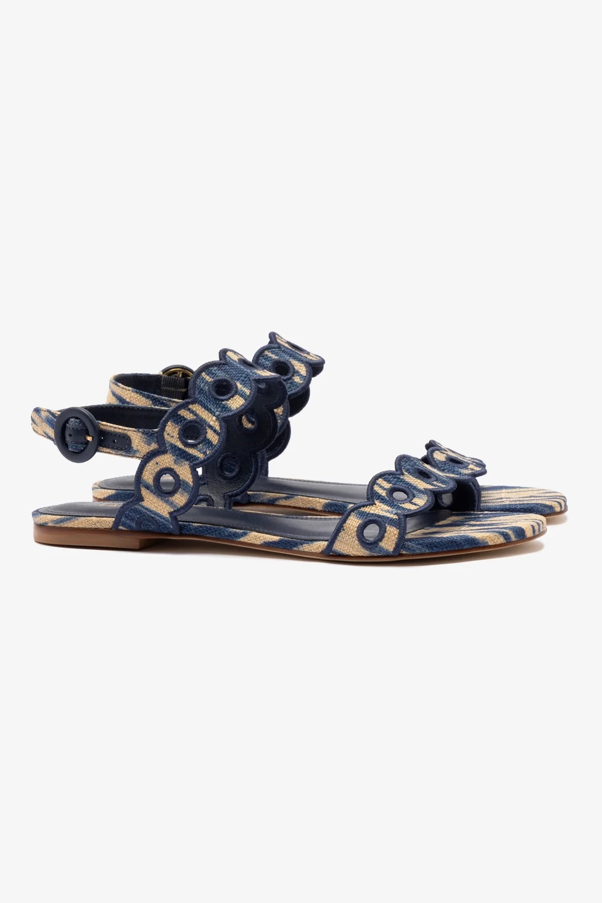 Florence Broderie Flat Sandal Women's Tie Dye Beige and Navy Raffia Summer Sandals - Perfect for Beach Vacation, Casual Outings and Boho Style Fashion