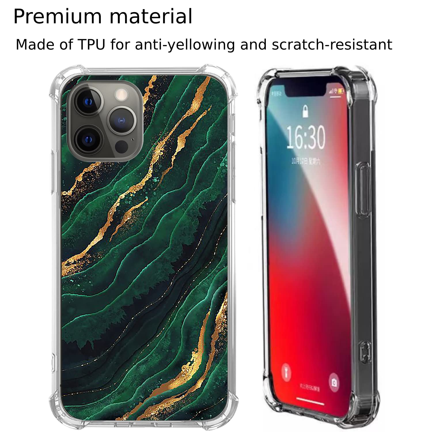 Elegant Green Gold Marble Phone Case for iPhone 13 Pro Max - Trendy Dark Green Marble Design with TPU Bumper Cover - Perfect for Daily Use, Office & Travel Protection