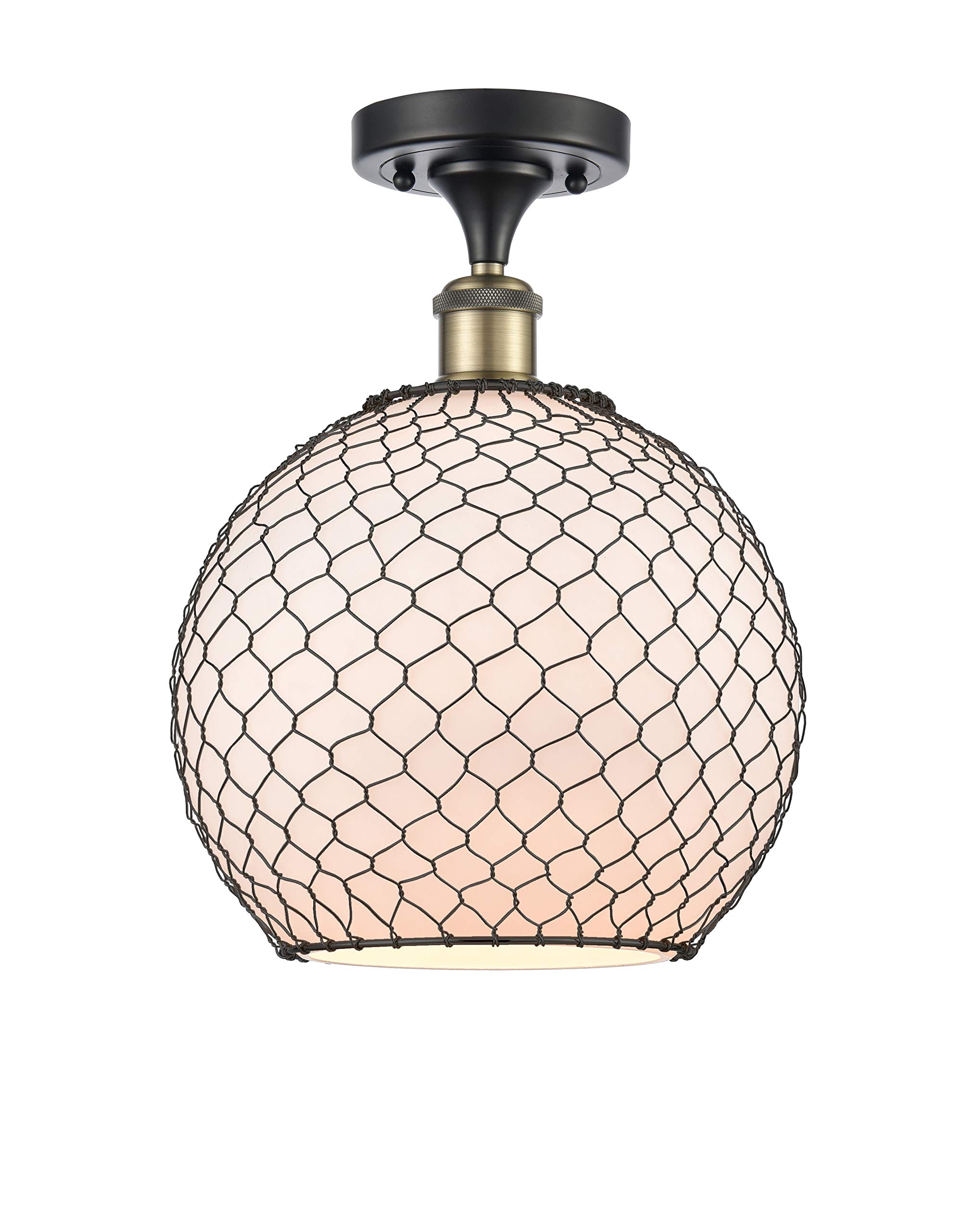 Large Farmhouse Chicken Wire 1 Light Semi-Flush Mount Ceiling Light - Black Antique Brass - Ballston Collection - Rustic Kitchen, Dining Room or Entryway Lighting
