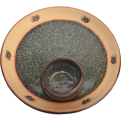 Handmade Ceramic Pinecone Party Plate with Seamist Glaze - Chip & Dip Serving Platter with Matching Bowl - Traditional Polished Stoneware Appetizer Dish - Perfect for Entertaining, Snacks, and Party Finger Foods