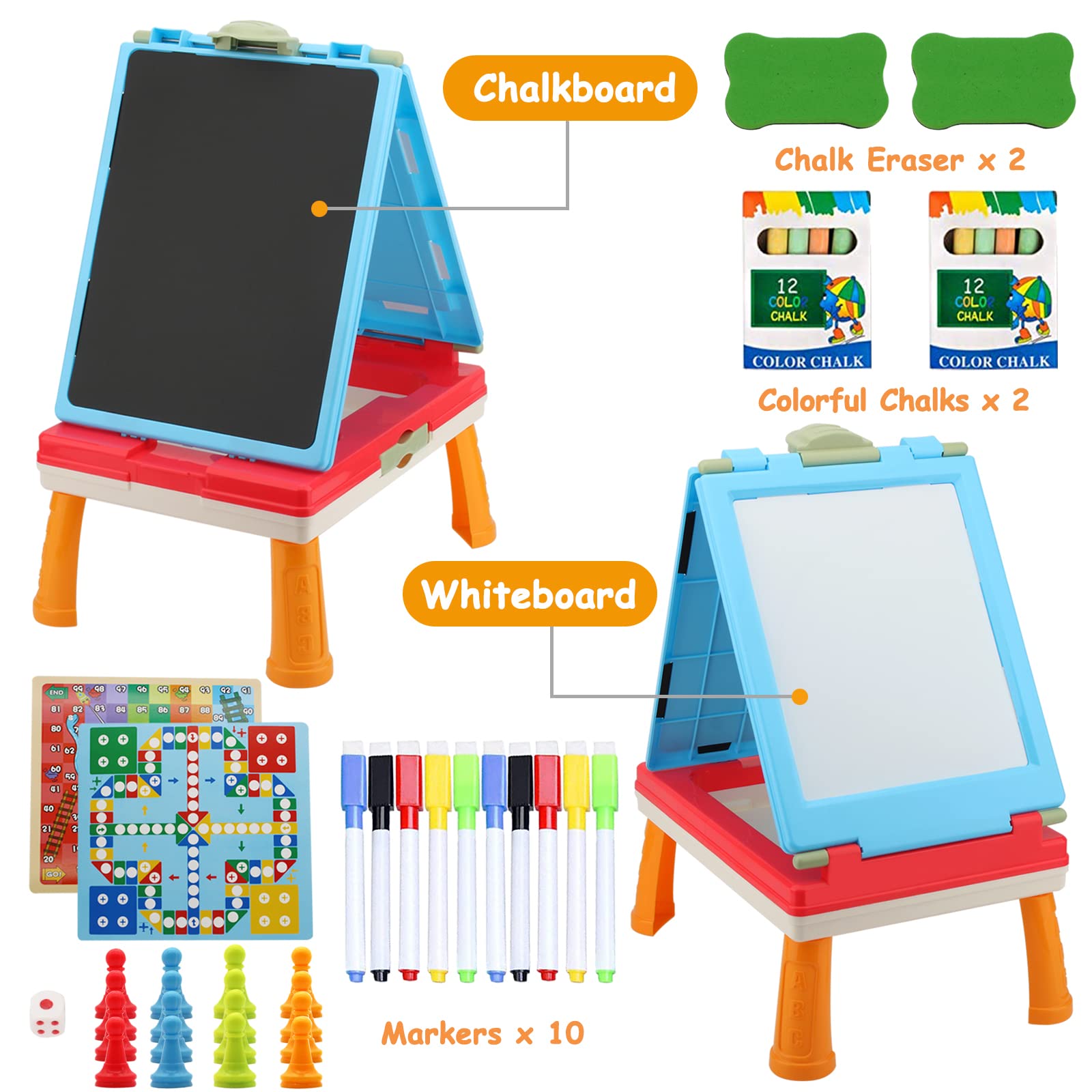 Double Sided Foldable Kids Table Art Easel - Adjustable Chalkboard & Whiteboard Desktop Drawing Stand with Storage Tray | Perfect for Home, Classroom & Travel Art Activities (Red)