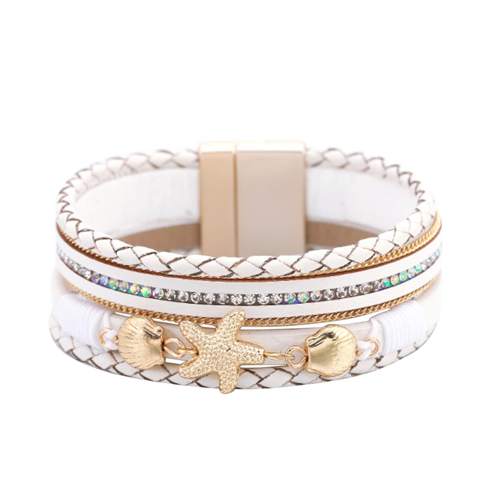 NSQFKALL Women's Leather Cuff Bracelet Set - Multilayer Wrap Crystal Bracelets with Magnetic Clasp | Boho Chic Jewelry for Everyday Wear & Special Occasions