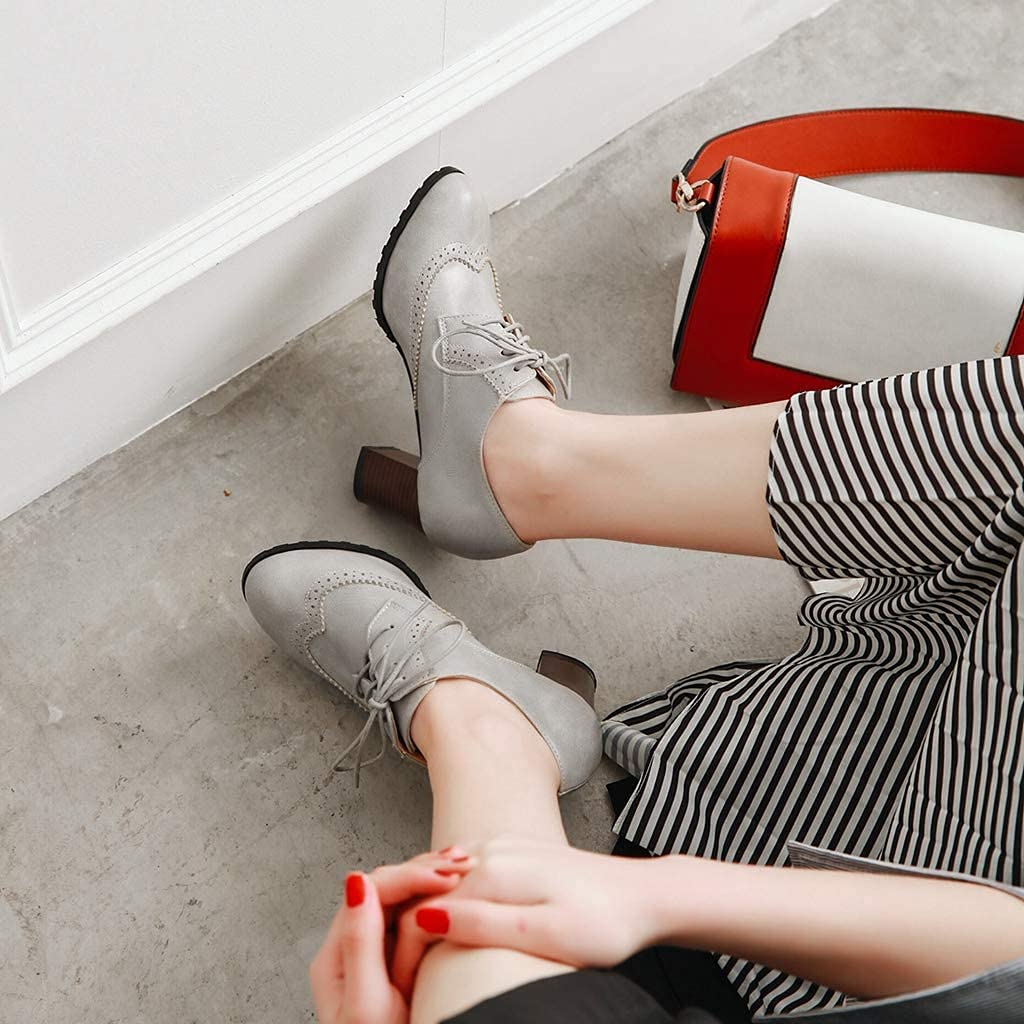 Women's Block Heel Oxford Shoes - Comfortable PU Leather Lace-Up Pumps for Office, School & Casual Wear - Chunky Heel Dress Shoes for Women