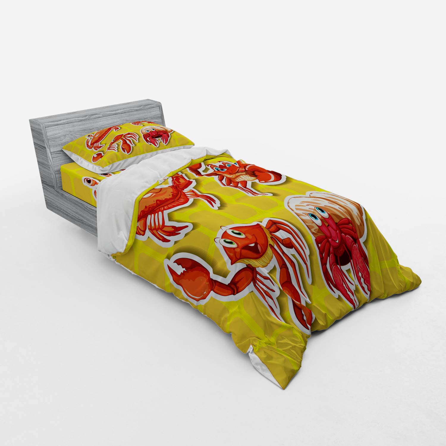 Ambesonne Cartoon Crab Duvet Cover Set - 3 Piece Twin Size Bedding with Sham & Fitted Sheet, Earth Yellow & Orange - Perfect for Kids' Rooms, Beach Themed Decor & Coastal Home Styling