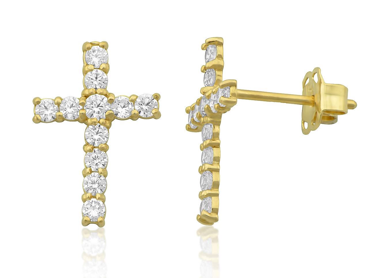 14K Yellow Gold CZ Small Cross Stud Earrings for Women - 0.43 Inch Tiny Religious Jewelry, Perfect for Everyday Wear, Gifts & Church Occasions