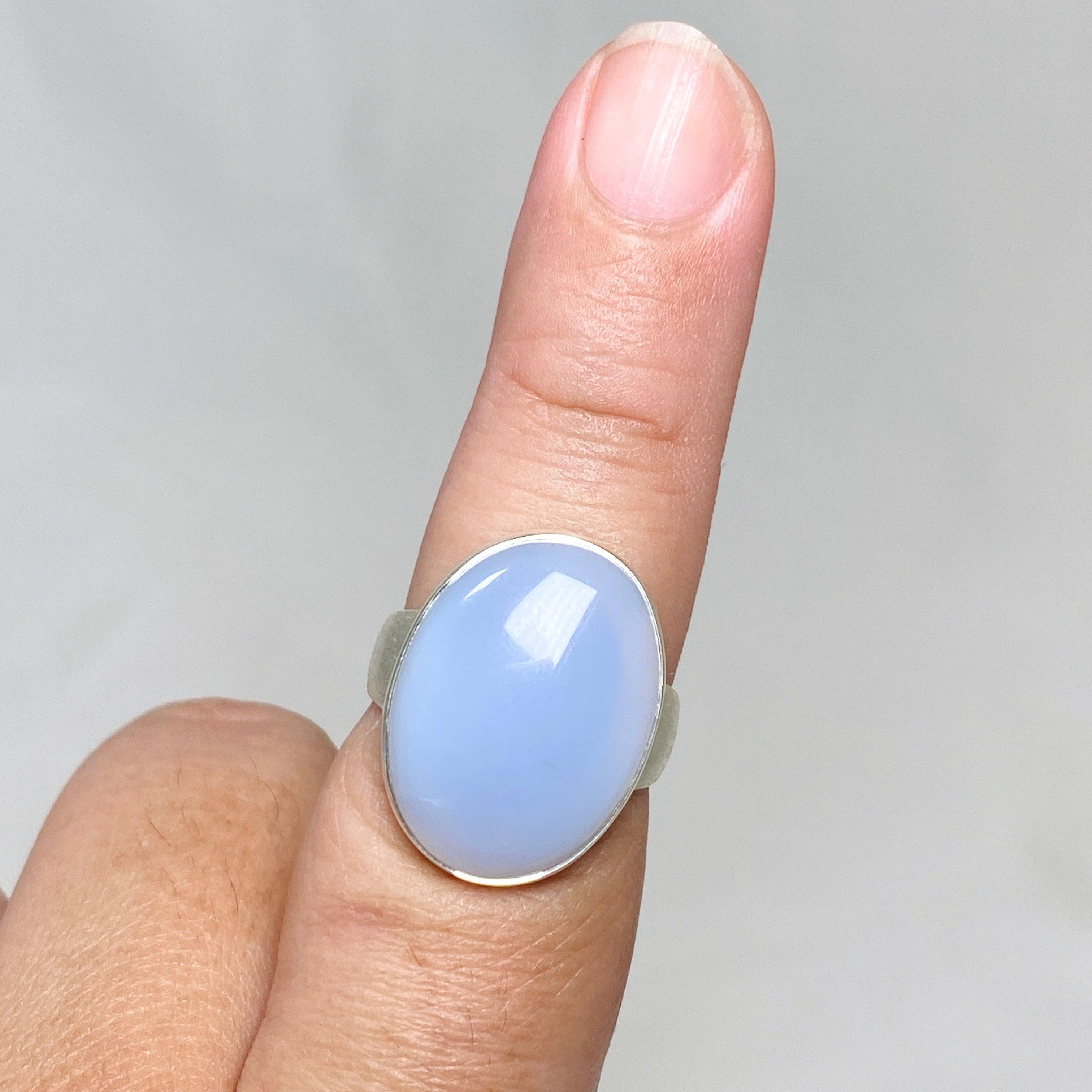 Blue Chalcedony Oval Ring with Brushed Band - Size 9 Sterling Silver Women's Jewelry KRGJ3245 | Elegant Gift for Birthday, Anniversary & Everyday Wear