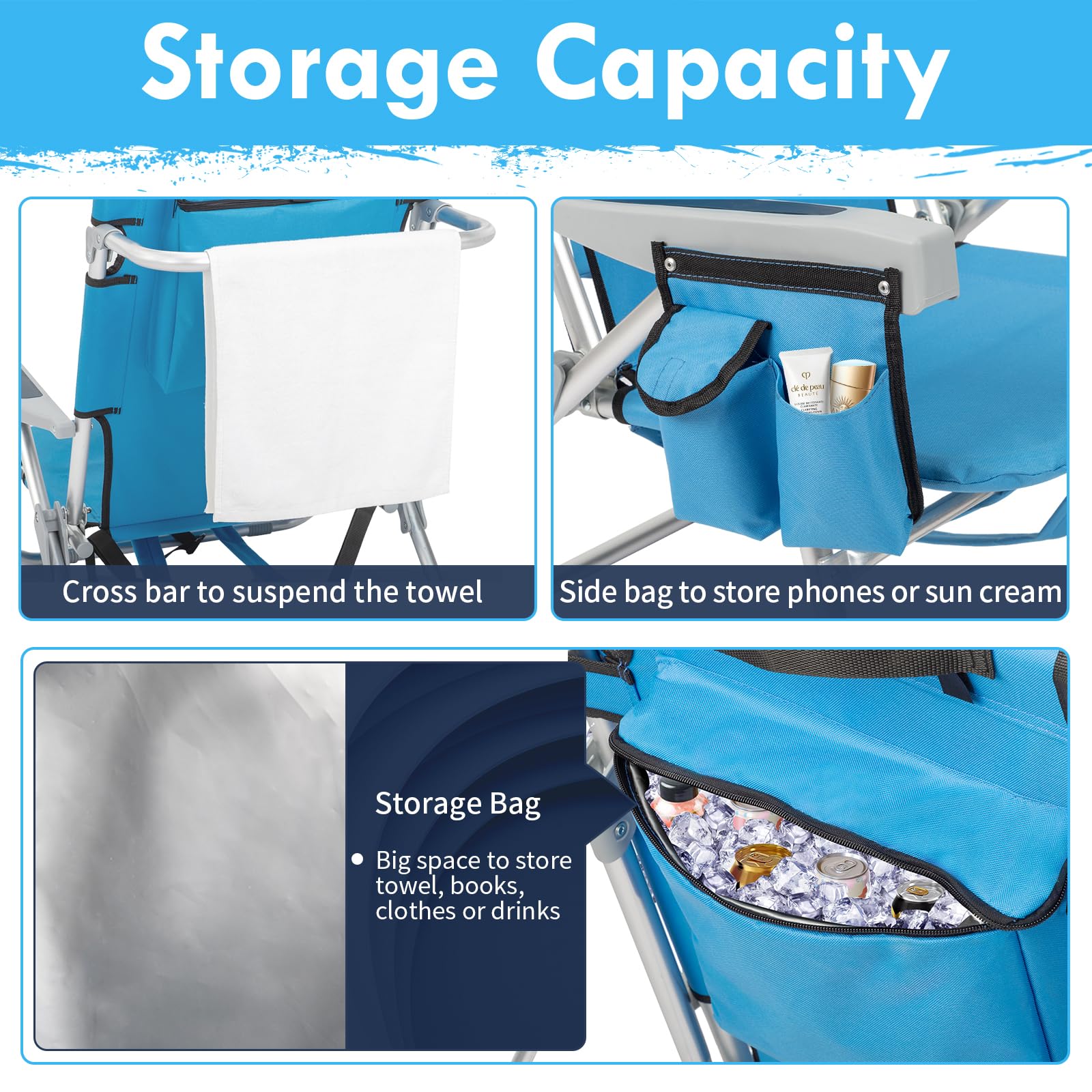 Outvita 5-Position Adjustable Backpack Beach Chair with Storage Bag, Cooler Pouch & Side Pockets - Portable Folding Chair for Beach, Pool, Lawn, Camping & Outdoor Relaxation