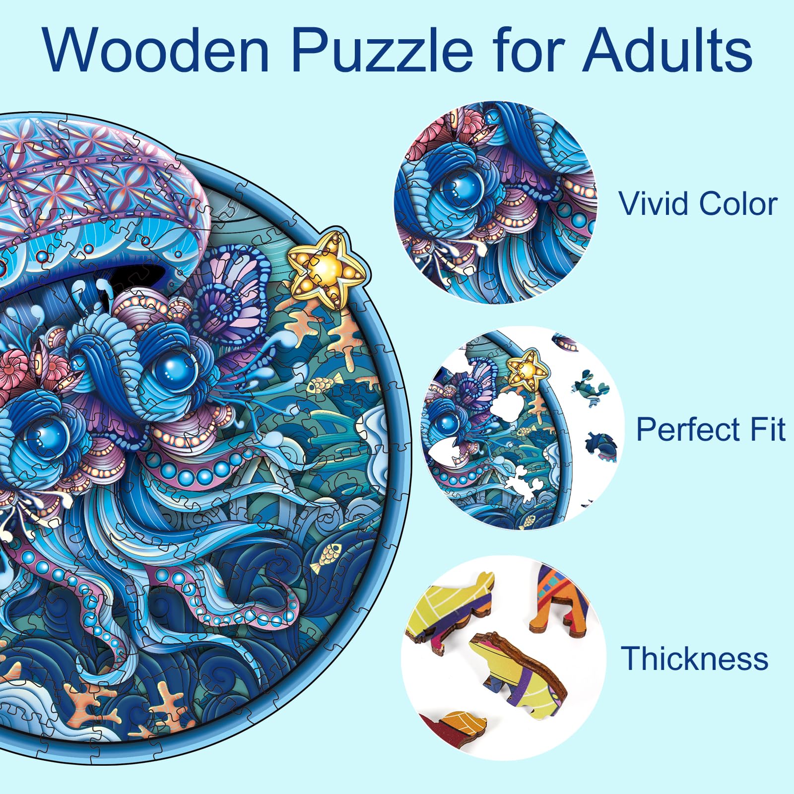 Premium Wooden Jigsaw Puzzle for Adults & Families - Colorful Animal Shaped Brain Teaser Game (Jellyfish Design) | Perfect Gift for Birthday, Christmas, Thanksgiving | Fun Home Entertainment & Stress Relief Activity