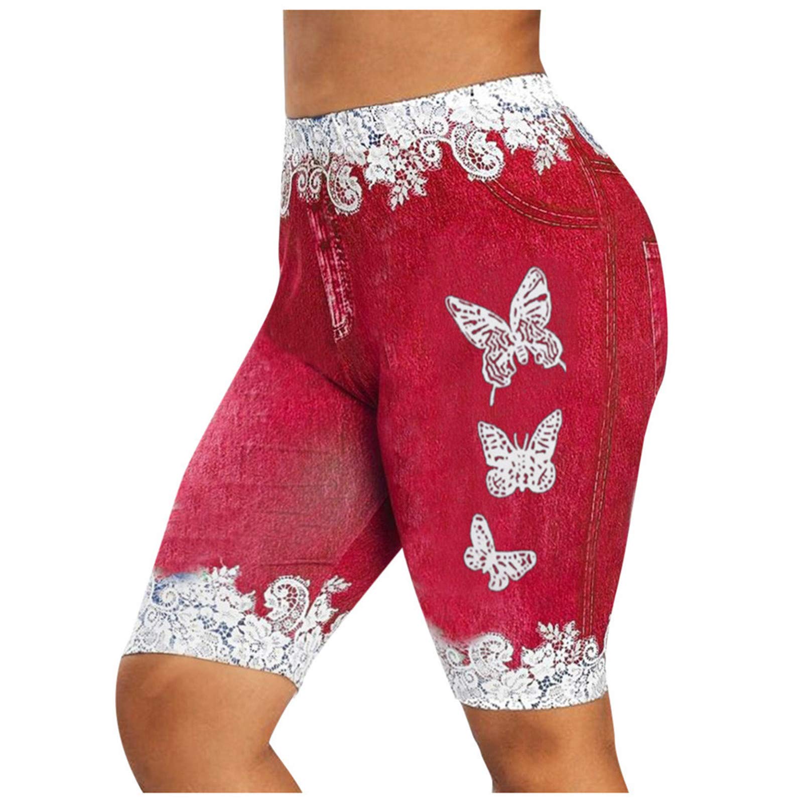 Women's Plus Size Red Denim Shorts - Skinny Fit Butterfly Print Jeggings | Faux Jean Shorts for Casual Wear | Perfect for Summer Outfits, Beach Vacations & Everyday Comfort