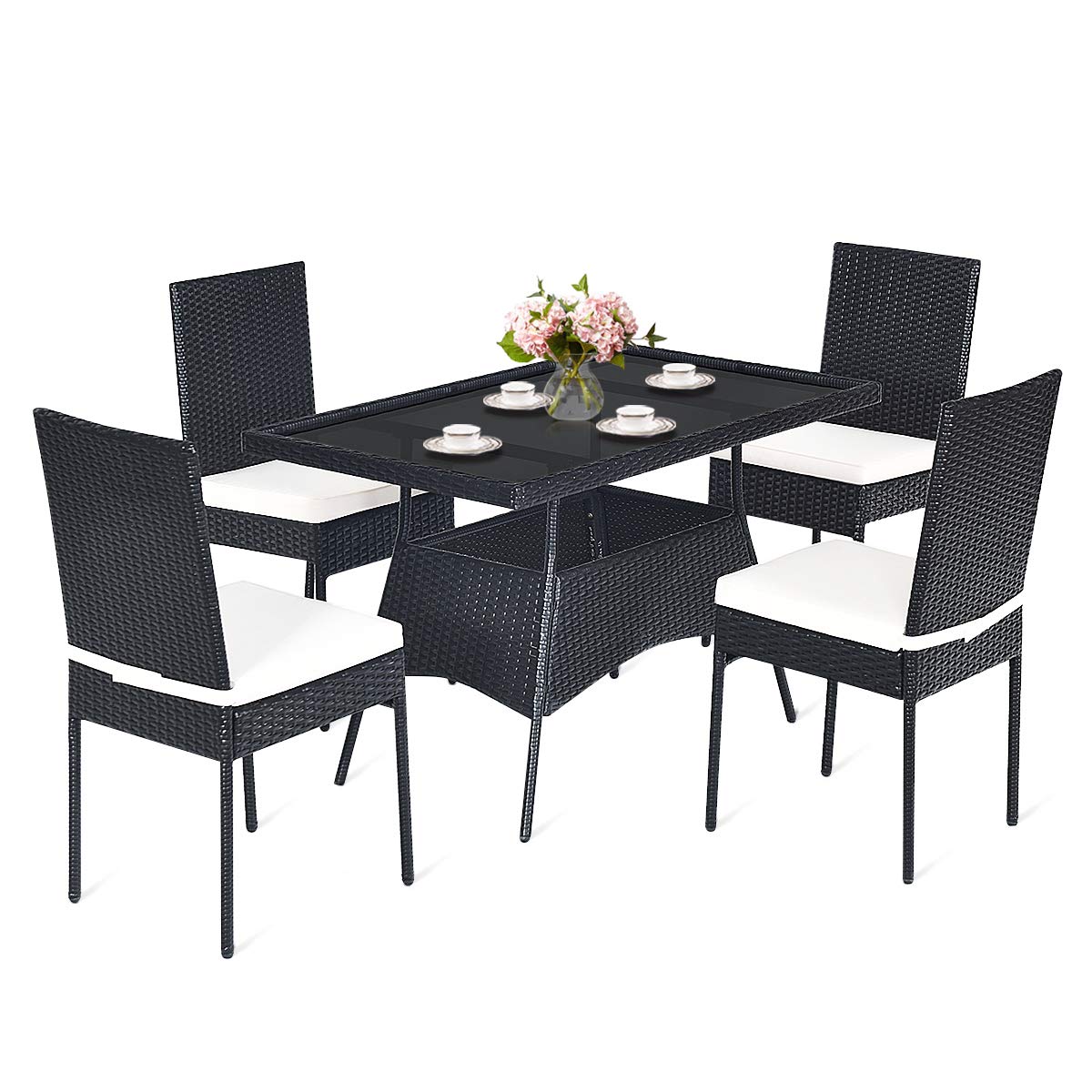 HAPPYGRILL 5-Piece Outdoor Patio Dining Set - Rattan Wicker Table & Chairs with Cushions & Tempered Glass Top - Garden, Poolside & Backyard Furniture for Relaxing & Entertaining
