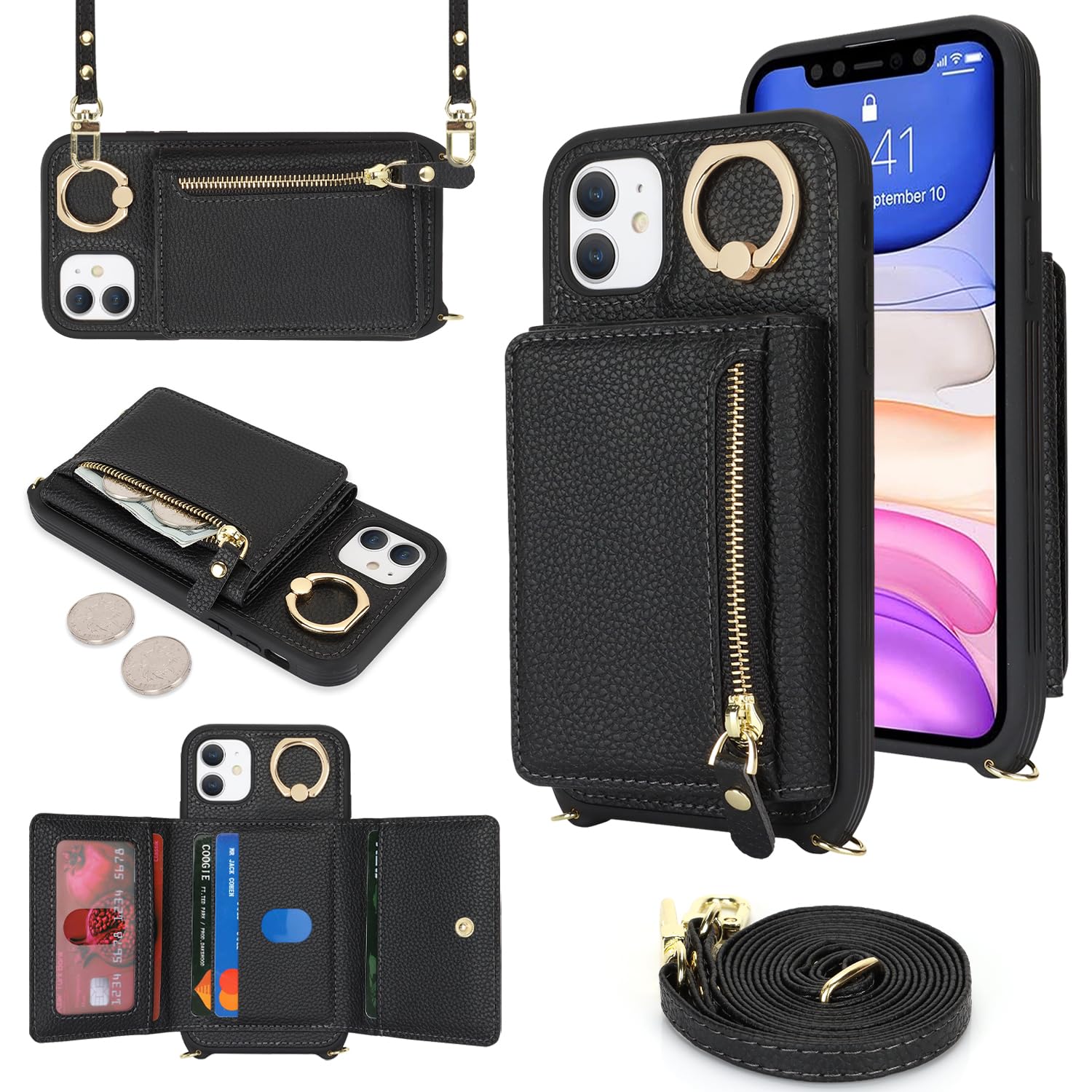 Premium Leather iPhone 11 Case with Card Holder & Crossbody Strap - Wallet Phone Case with Zipper Pocket, Stand Ring & Lanyard for Women (Black) | Perfect for Travel, Shopping & Everyday Protection