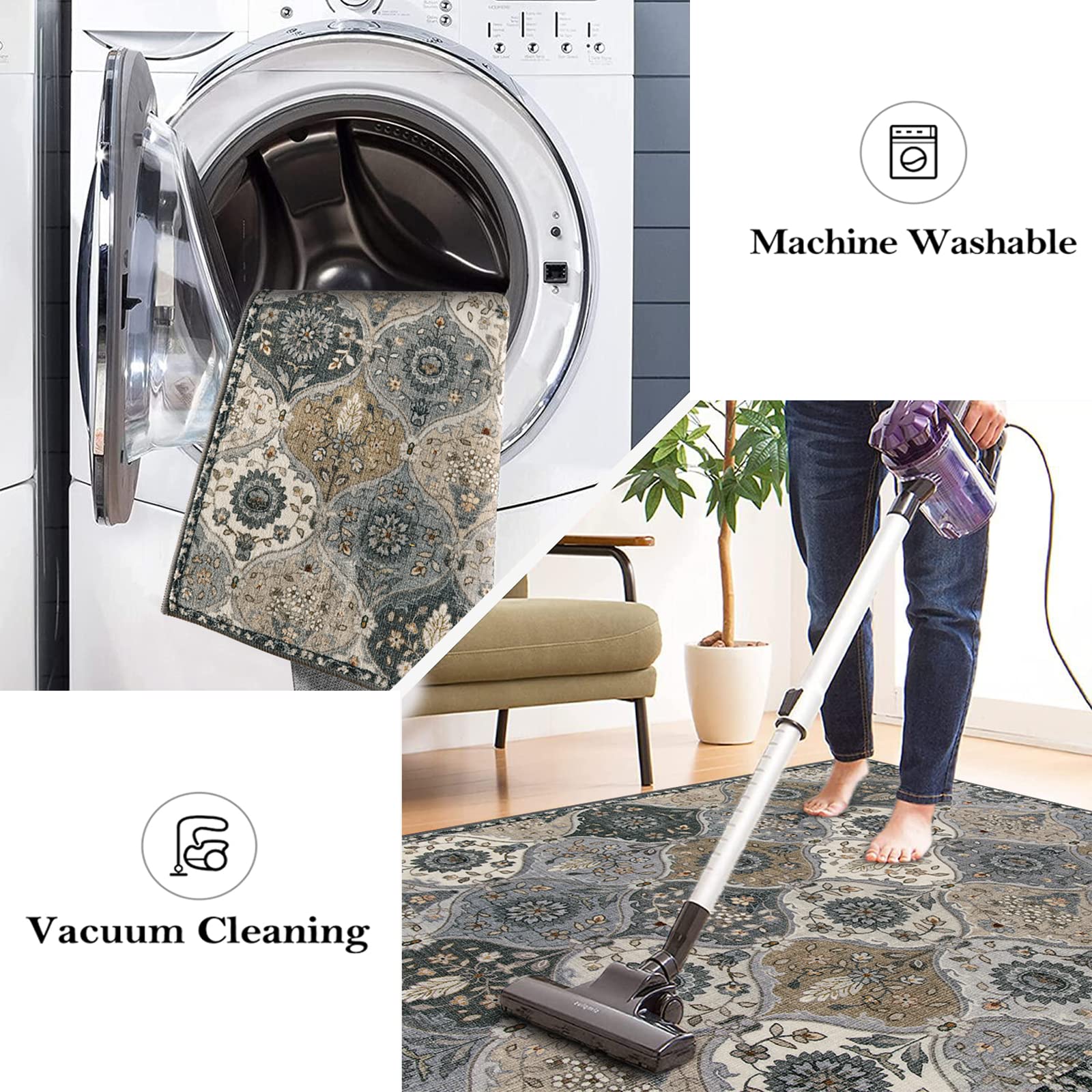 Lahome Moroccan Trellis Washable Round Rug 5ft - Soft Non-Slip Circle Carpet for Bedroom, Living Room, Nursery - Distressed Grey Boho Floor Mat for Home Decor & Cozy Spaces