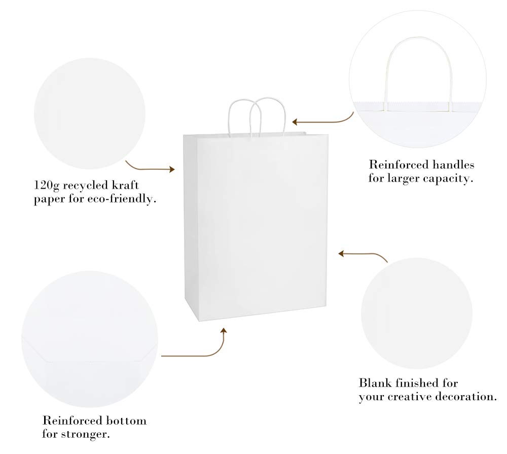 50 Pack 13x7x17 Inch White Kraft Paper Gift Bags with Handles - Eco Friendly Recyclable Party Bags, Shopping Bags & Retail Merchandise Bags Bulk for Birthday, Wedding, Store Packaging & Events