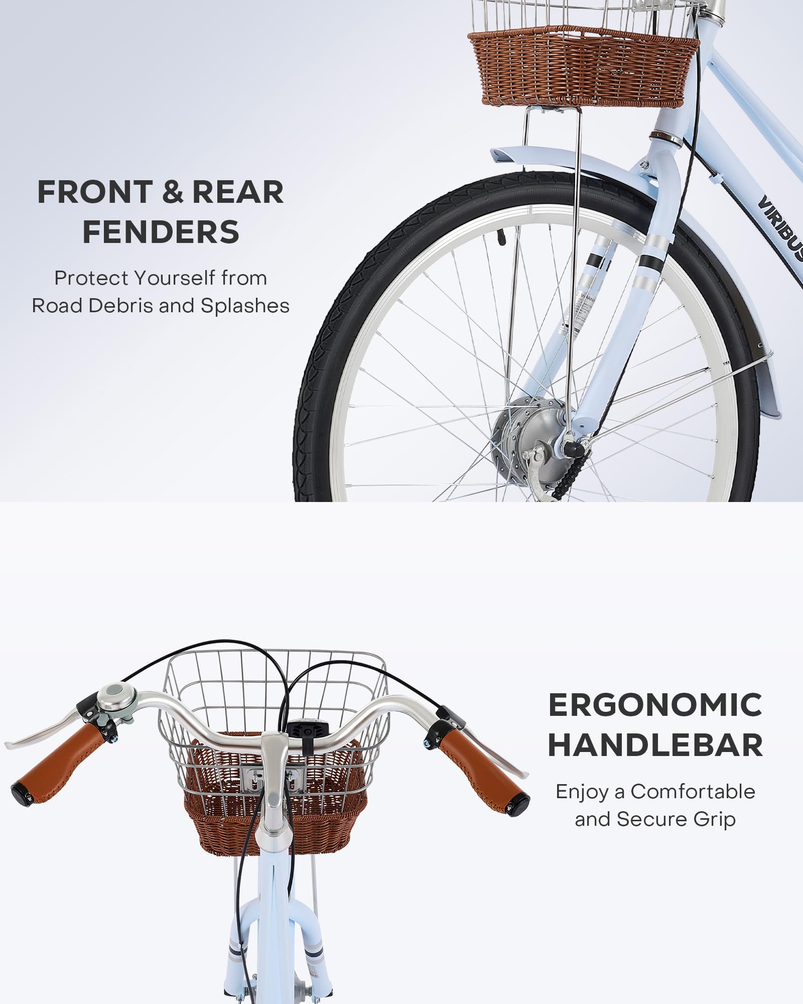 Viribus Women's Beach Cruiser Bike - 24 & 26 Inch Step-Through Frame with Rattan Basket, Rear Rack & Lock - Single Speed City Commuter Bicycle for Short Women, Female Seniors (330 lb Capacity) - Perfect for Beach Rides, City Commuting & Leisure Cycling