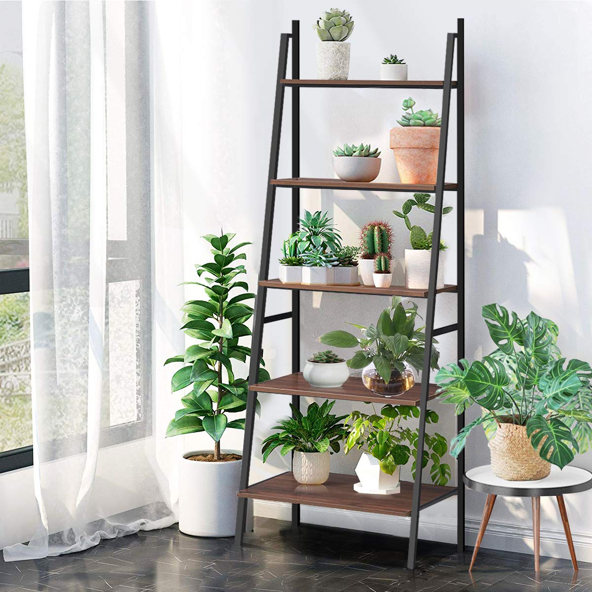 5-Tier Industrial Ladder Shelf - Wooden Look Metal Bookcase & Plant Stand for Home Office Decor | Multifunctional Display Shelf for Books, Plants & Home Organization